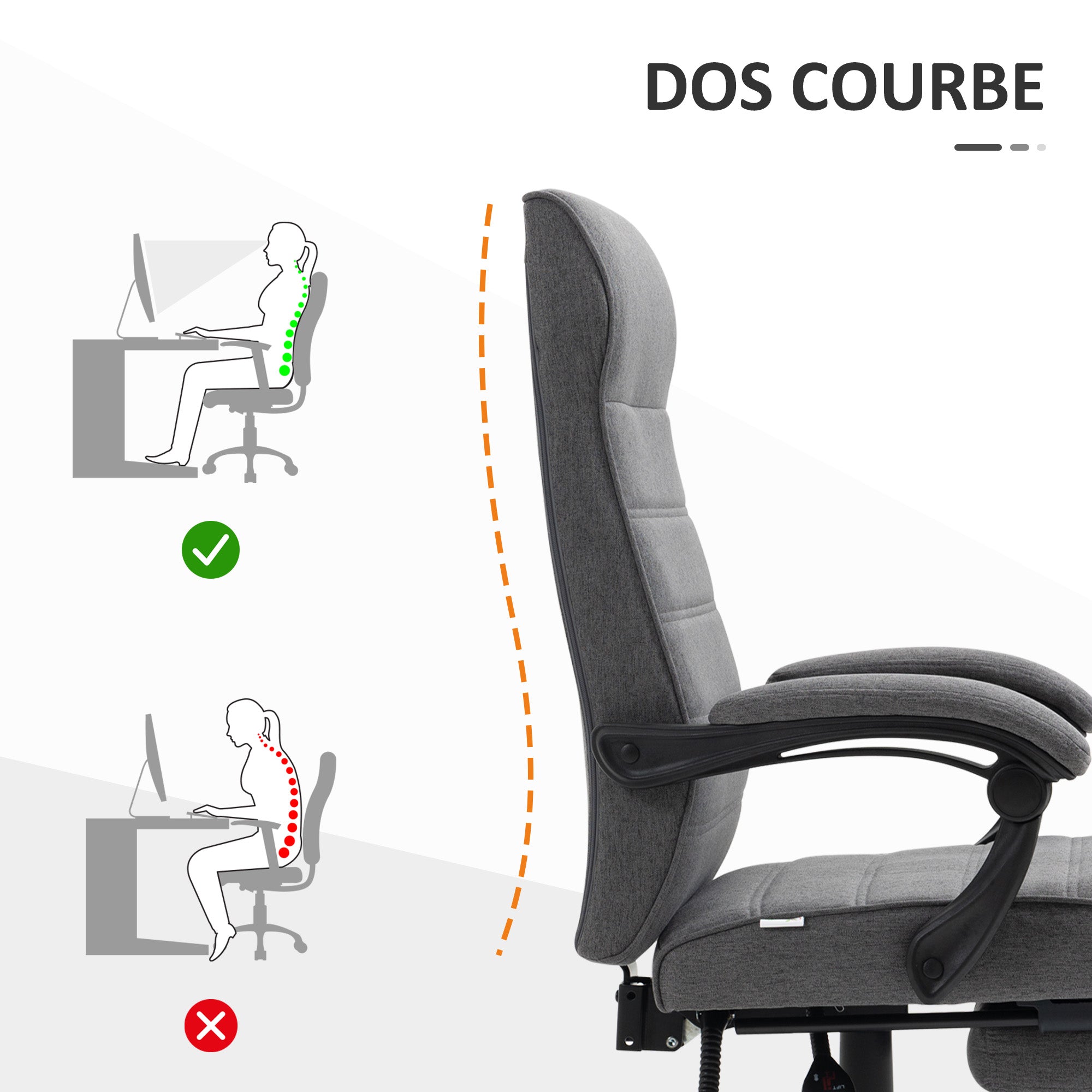 Fauteuil de bureau ergonomique, chaise de bureau, pivotant, inclinable, en tissu aspect lin avec accoudoirs, hauteur réglable et repose-pied rétractable, gris