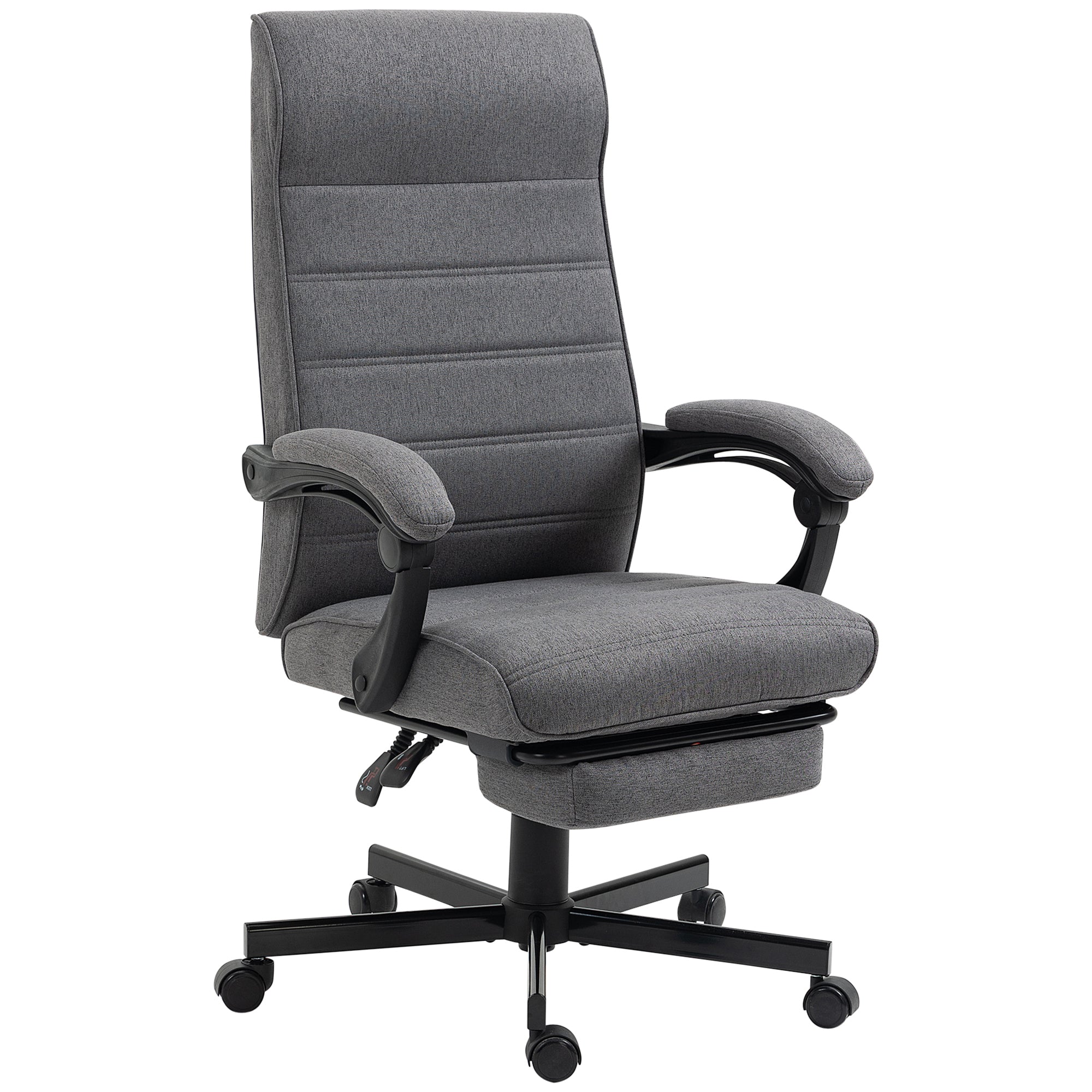 Fauteuil de bureau ergonomique, chaise de bureau, pivotant, inclinable, en tissu aspect lin avec accoudoirs, hauteur réglable et repose-pied rétractable, gris
