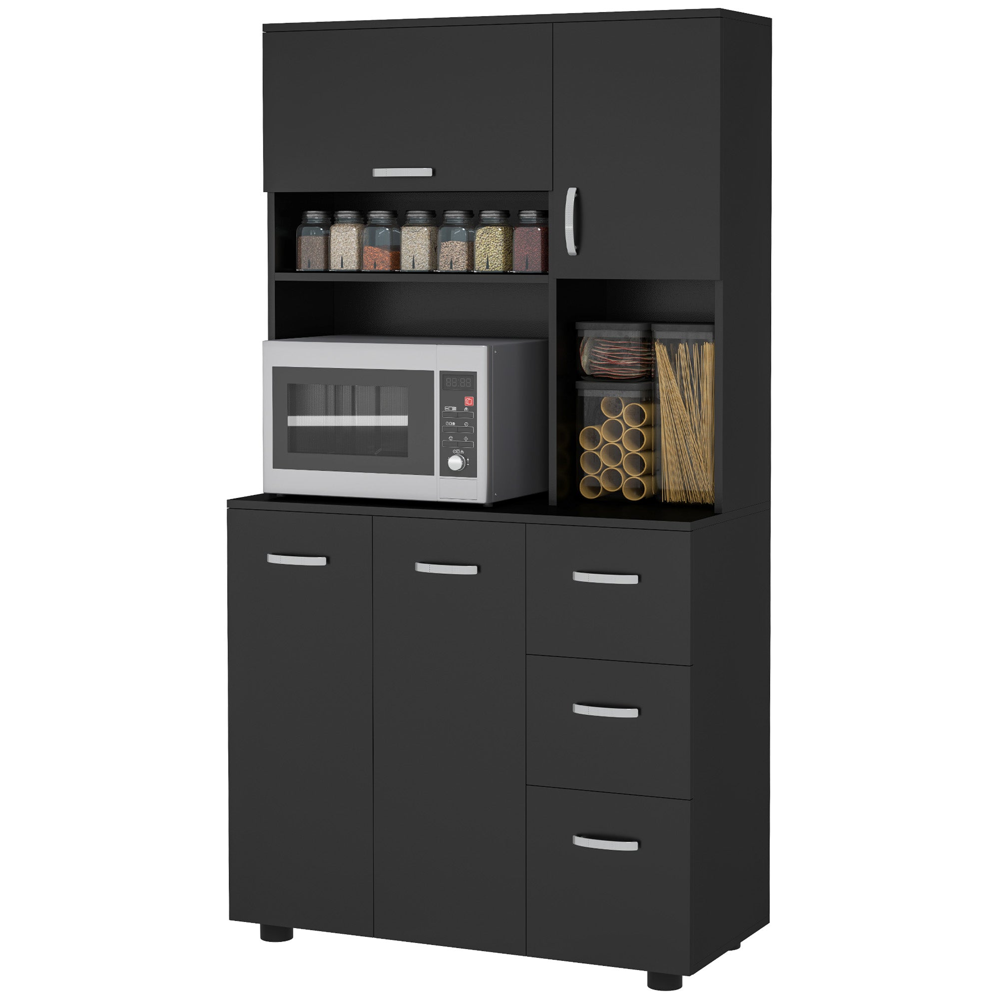 Armoire de cuisine multi-rangements 4 portes 3 tiroirs étagère + grand plateau 89L x 39,5l x 168H cm noir