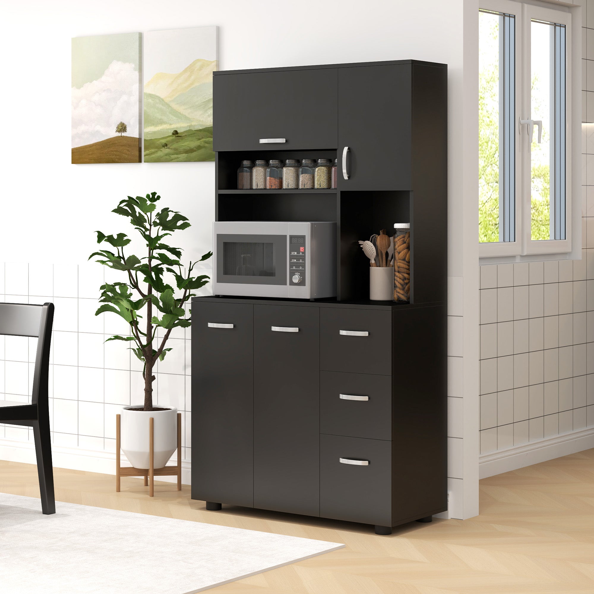 Armoire de cuisine multi-rangements 4 portes 3 tiroirs étagère + grand plateau 89L x 39,5l x 168H cm noir