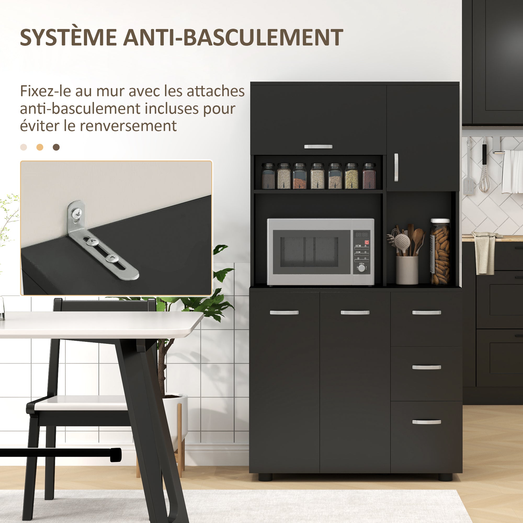 Armoire de cuisine multi-rangements 4 portes 3 tiroirs étagère + grand plateau 89L x 39,5l x 168H cm noir