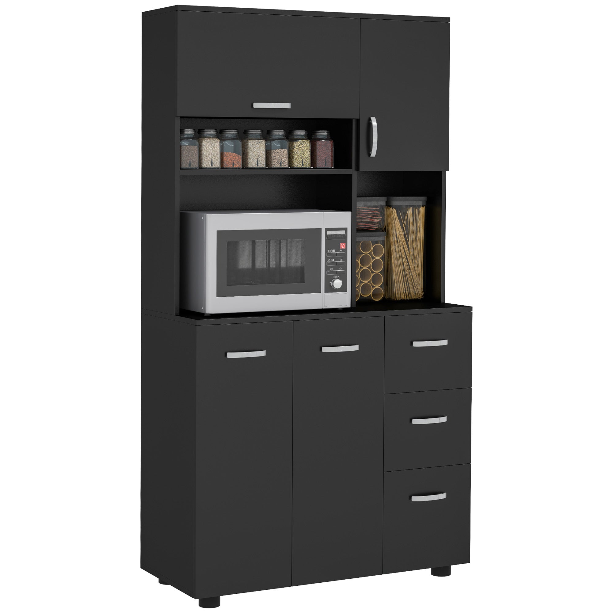 Armoire de cuisine multi-rangements 4 portes 3 tiroirs étagère + grand plateau 89L x 39,5l x 168H cm noir
