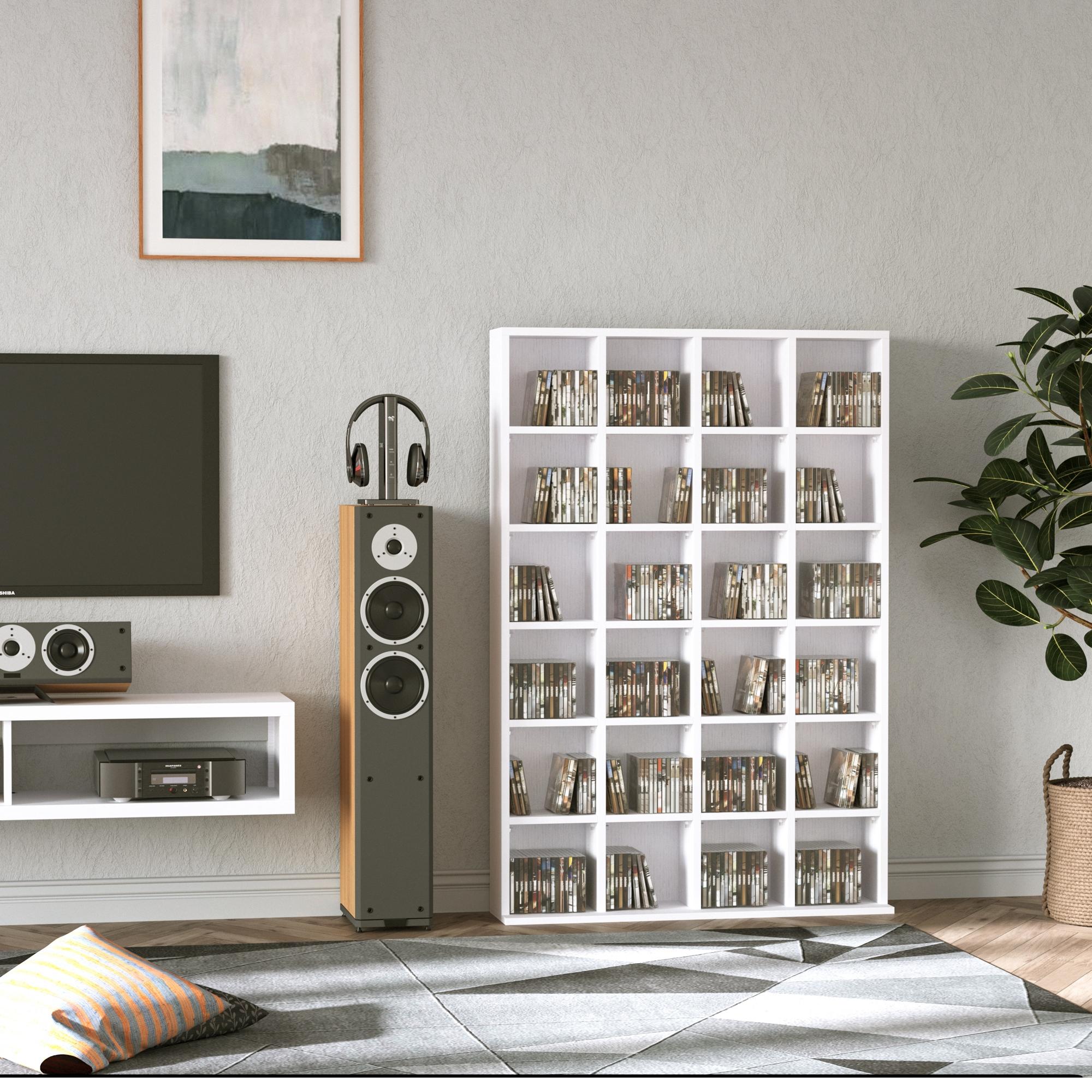 Rangements pour CD et DVD, meuble de rangement multimédia avec 24 compartiments, capacité max. 456 CD/ 336 DVD, bibliothèque en bois avec étagères réglables, 89 x 20 x 130,5 cm, blanc