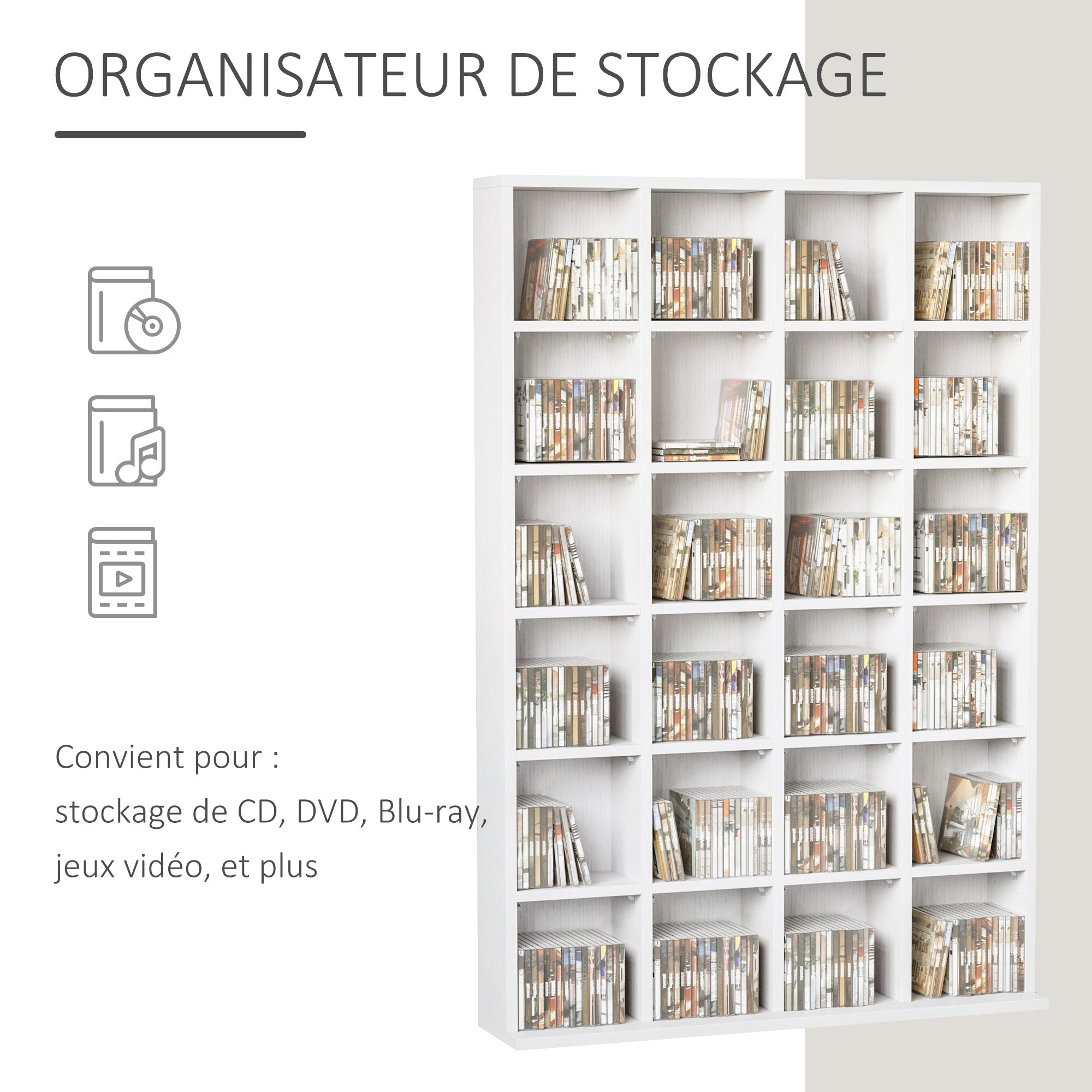 Rangements pour CD et DVD, meuble de rangement multimédia avec 24 compartiments, capacité max. 456 CD/ 336 DVD, bibliothèque en bois avec étagères réglables, 89 x 20 x 130,5 cm, blanc