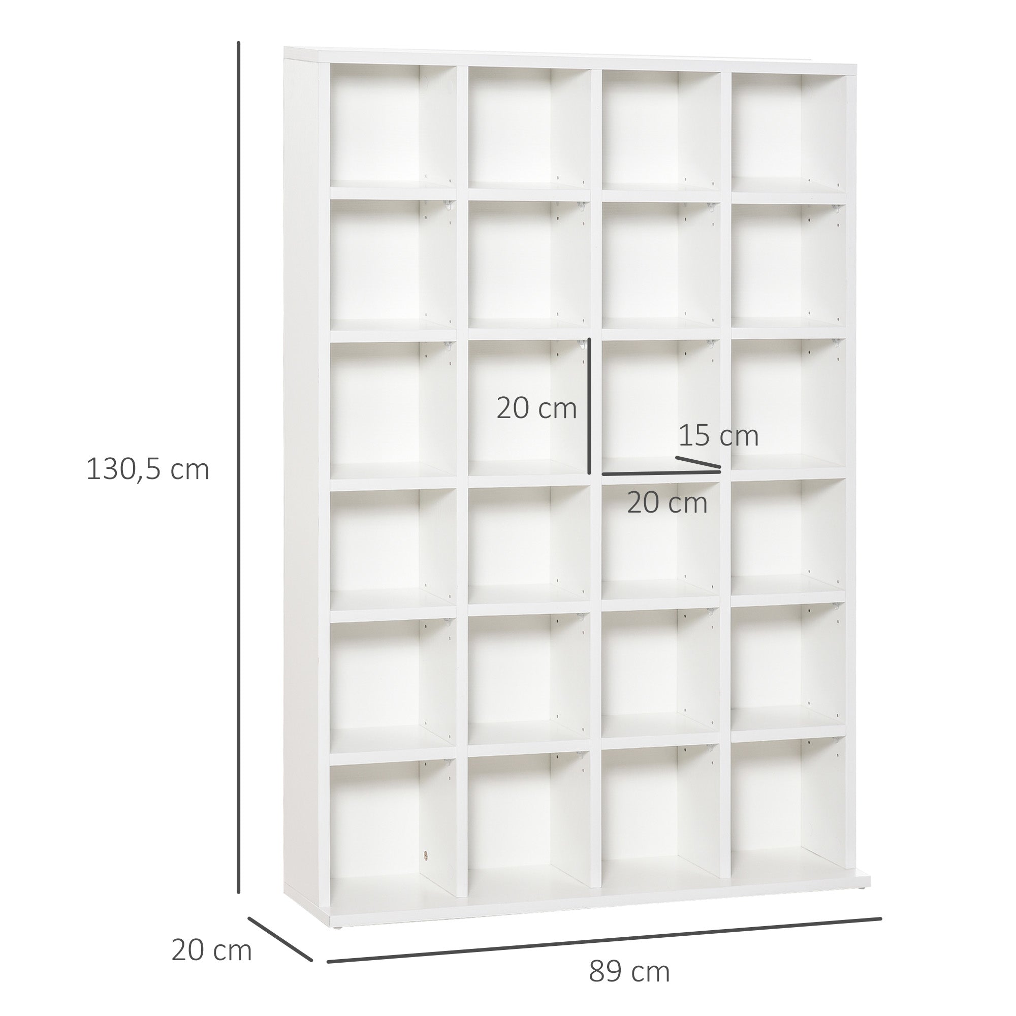 Rangements pour CD et DVD, meuble de rangement multimédia avec 24 compartiments, capacité max. 456 CD/ 336 DVD, bibliothèque en bois avec étagères réglables, 89 x 20 x 130,5 cm, blanc