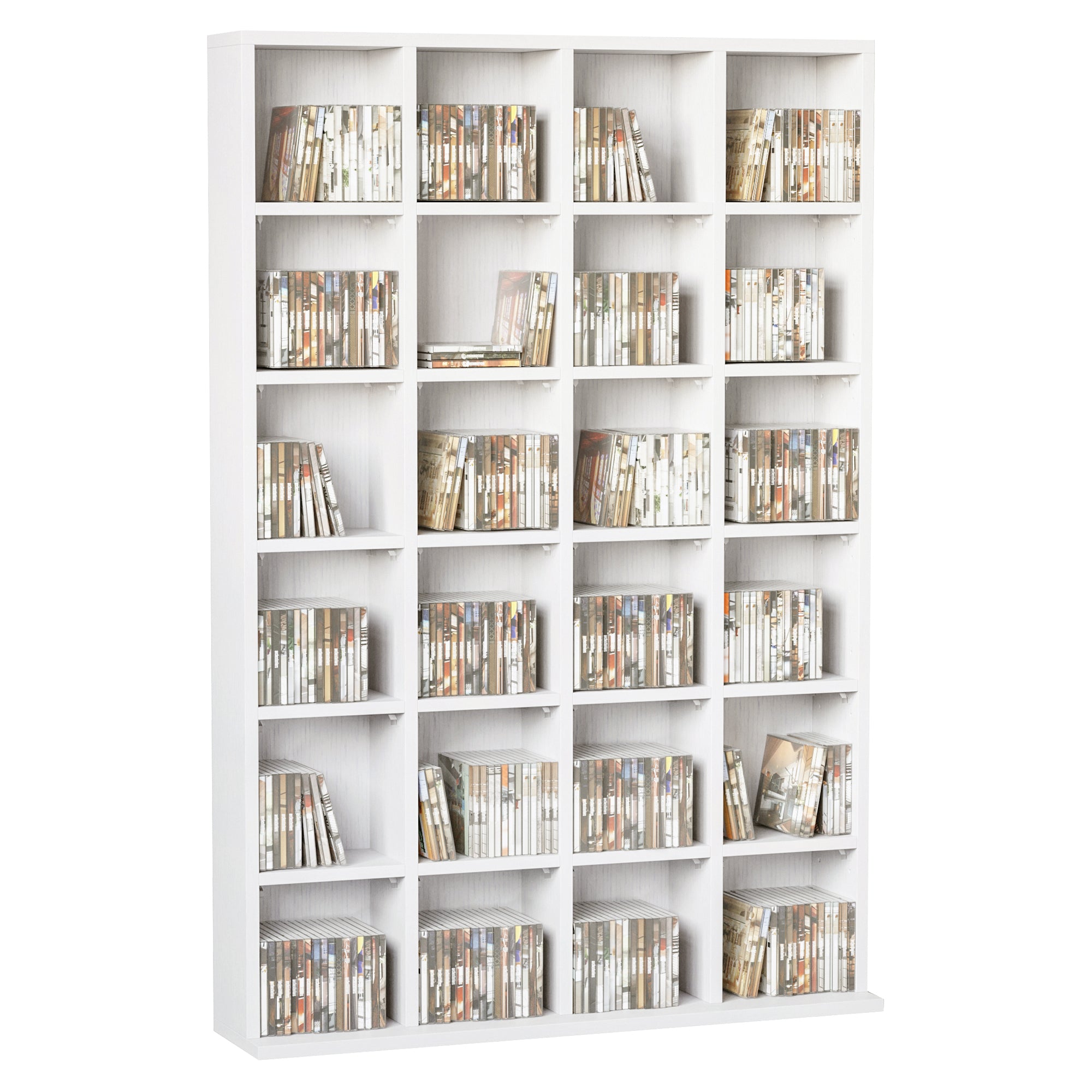 Rangements pour CD et DVD, meuble de rangement multimédia avec 24 compartiments, capacité max. 456 CD/ 336 DVD, bibliothèque en bois avec étagères réglables, 89 x 20 x 130,5 cm, blanc
