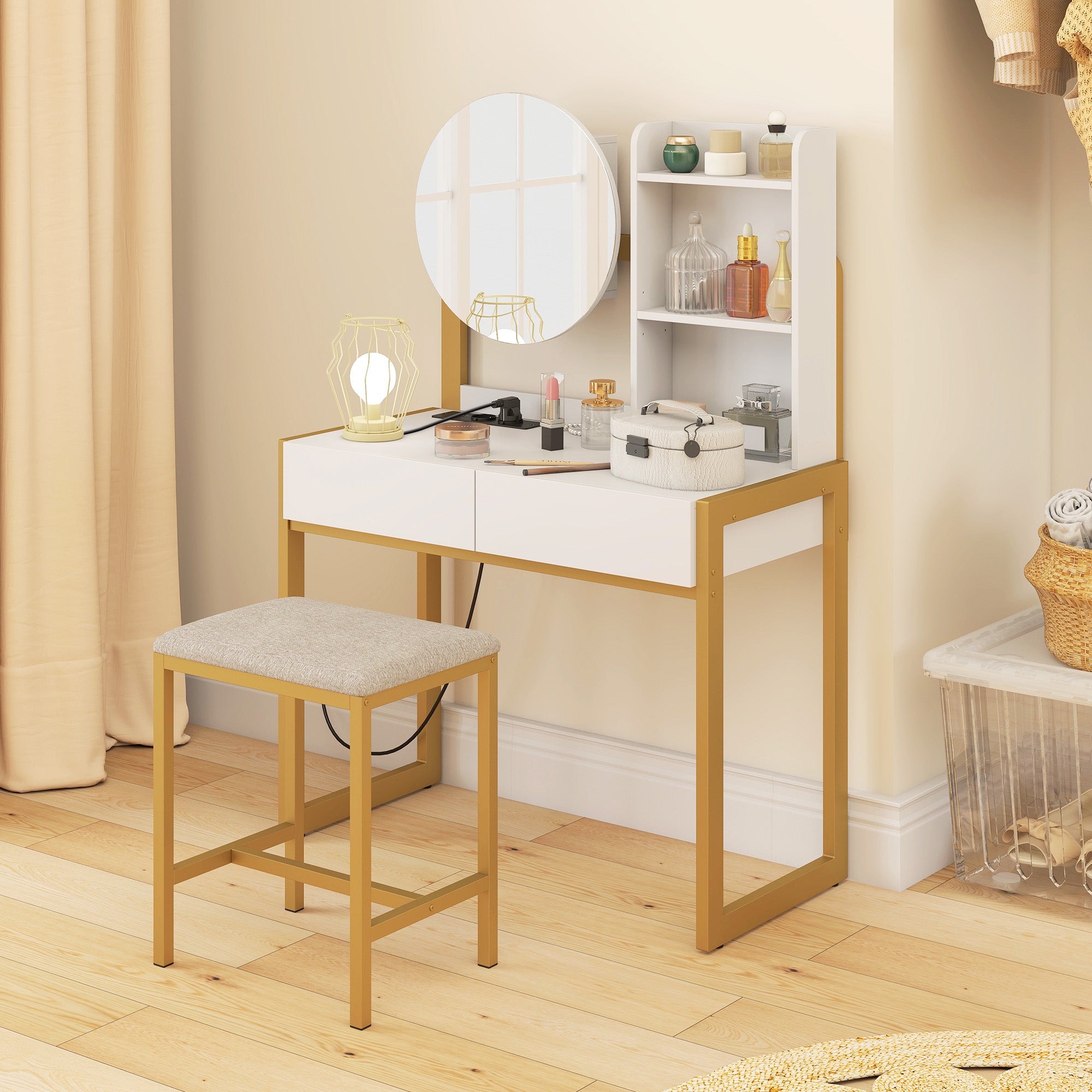 Coiffeuse avec miroir et tabouret, station de charge, table de maquillage avec 2 tiroirs, 3 étagères ouvertes, assise rembourrée, cadre en métal, pour chambre à coucher, blanc