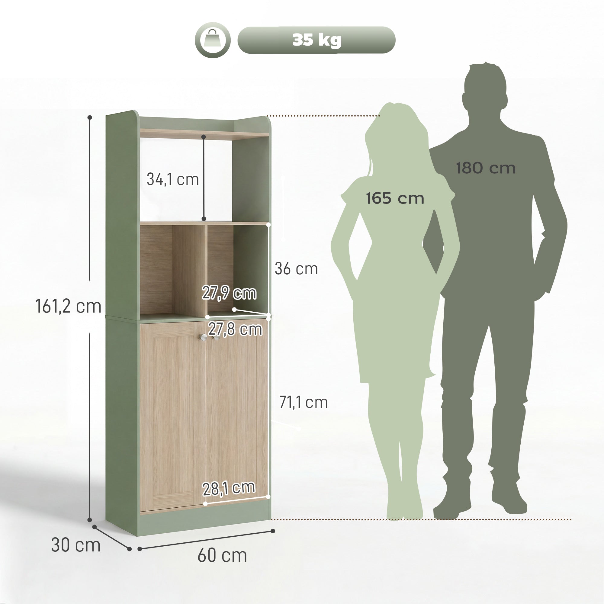Bibliothèque à 5 niveaux, meuble de rangement, étagère à livres 60 x 30 x 161,2 cm avec 2 portes, étagère de rangement pour salon, chambre, bureau, vert et bois naturel