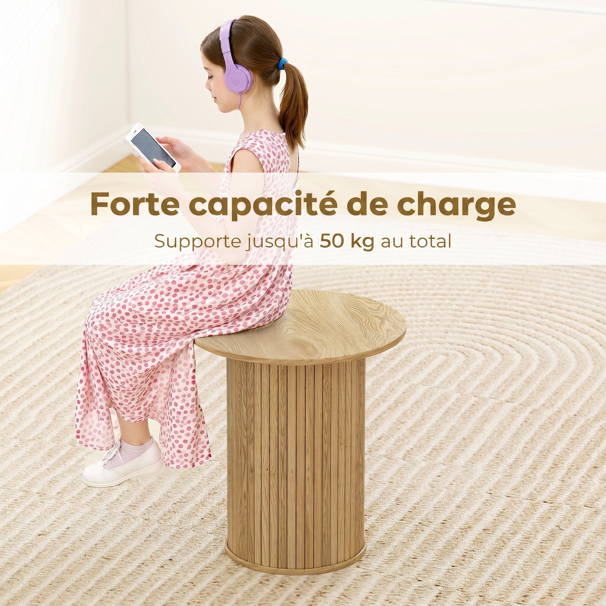 Table d'appoint ronde Ø 48 cm, table basse avec pieds cannelés, pour salon, chambre ou petit espace, chêne