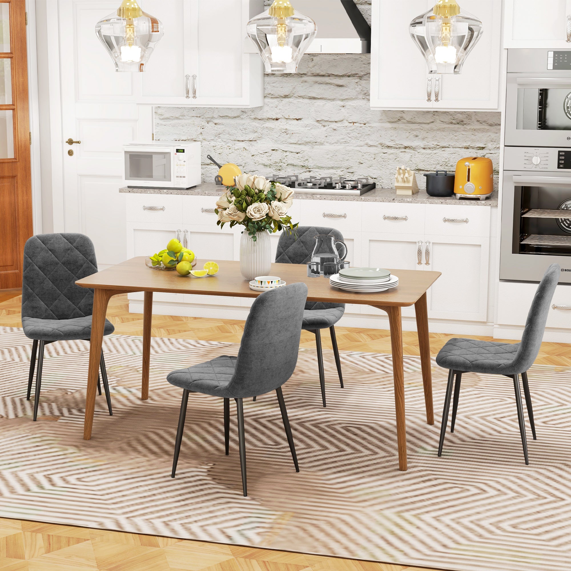 Lot de 4 chaises de salle à manger, chaises de cuisine rembourrées avec dossier haut, pieds en acier et tissu effet velours, pour salon, chambre, cuisine, gris