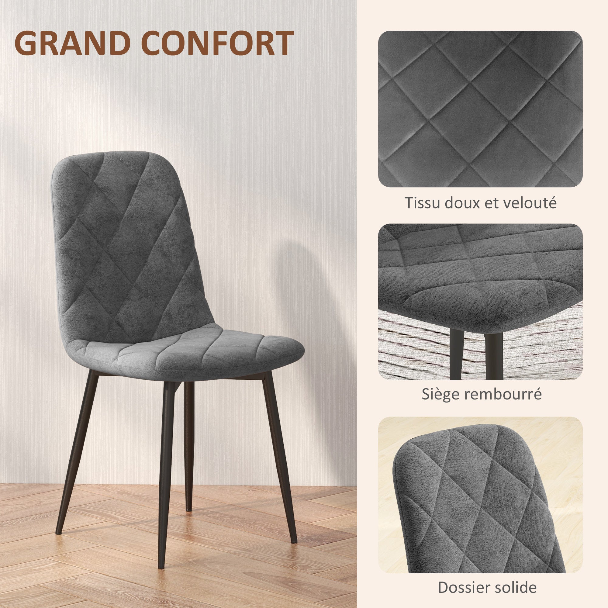 Lot de 4 chaises de salle à manger, chaises de cuisine rembourrées avec dossier haut, pieds en acier et tissu effet velours, pour salon, chambre, cuisine, gris