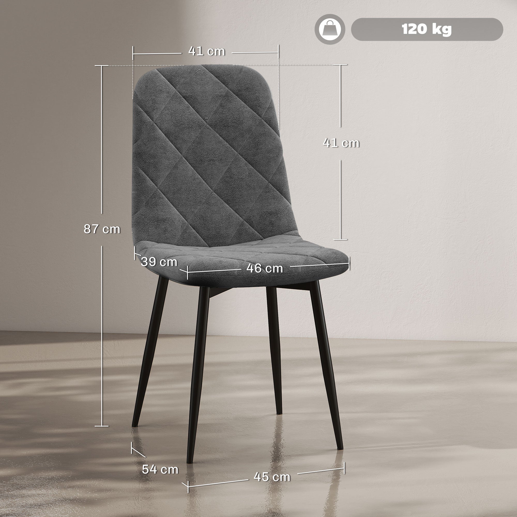 Lot de 4 chaises de salle à manger, chaises de cuisine rembourrées avec dossier haut, pieds en acier et tissu effet velours, pour salon, chambre, cuisine, gris