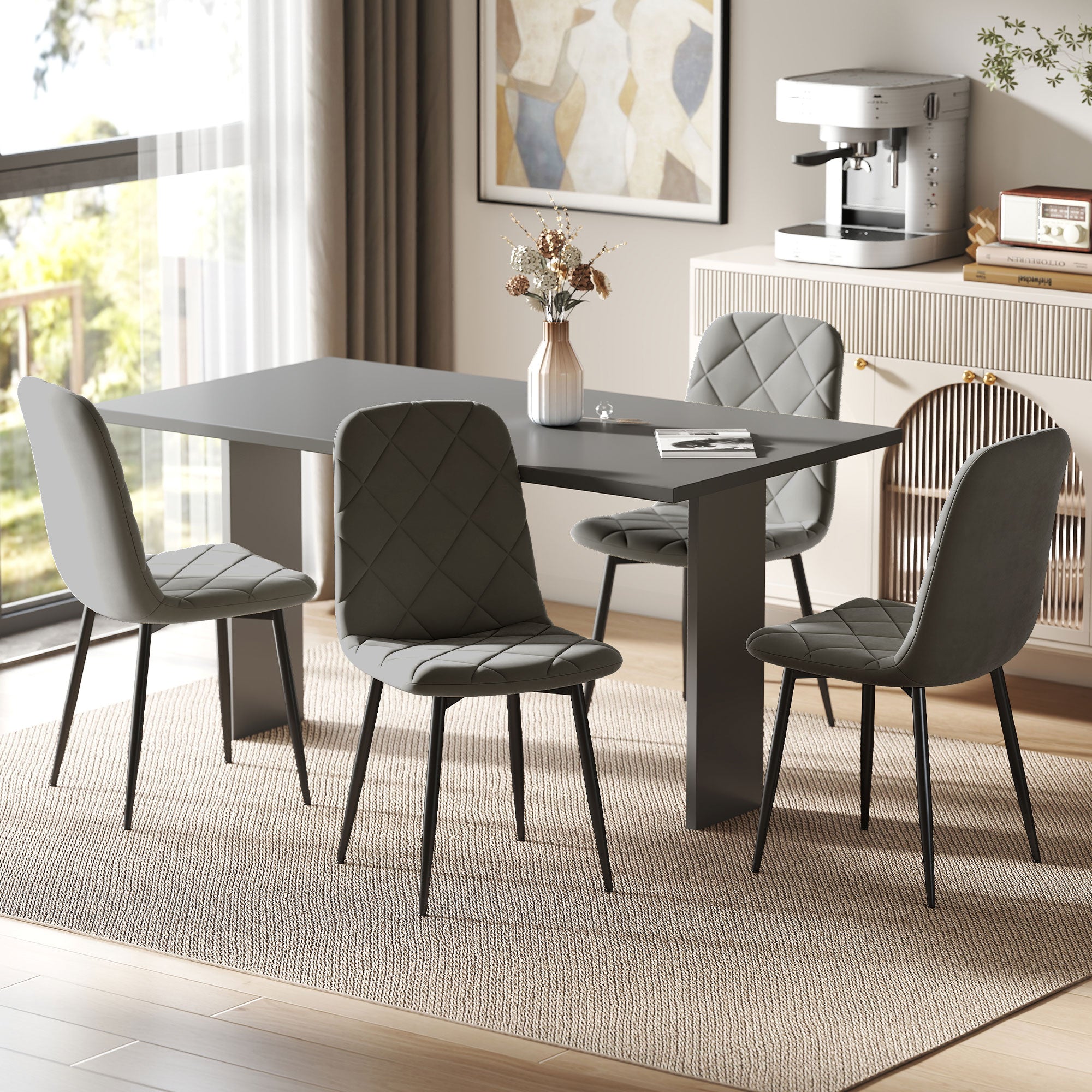 Lot de 4 chaises de salle à manger, chaises de cuisine rembourrées avec dossier haut, pieds en acier et tissu effet velours, pour salon, chambre, cuisine, gris