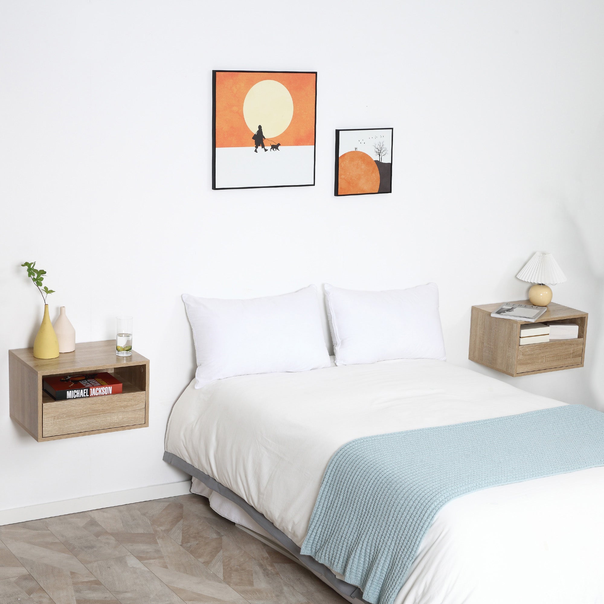 Lot de 2 Tables de Chevet murales - Lot de 2 Tables de Nuit - tiroir Coulissant, Niche, Plateau - Panneaux Particules Aspect chêne Clair