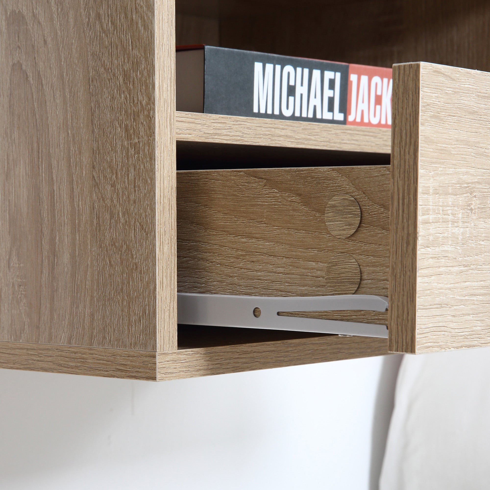 Lot de 2 Tables de Chevet murales - Lot de 2 Tables de Nuit - tiroir Coulissant, Niche, Plateau - Panneaux Particules Aspect chêne Clair