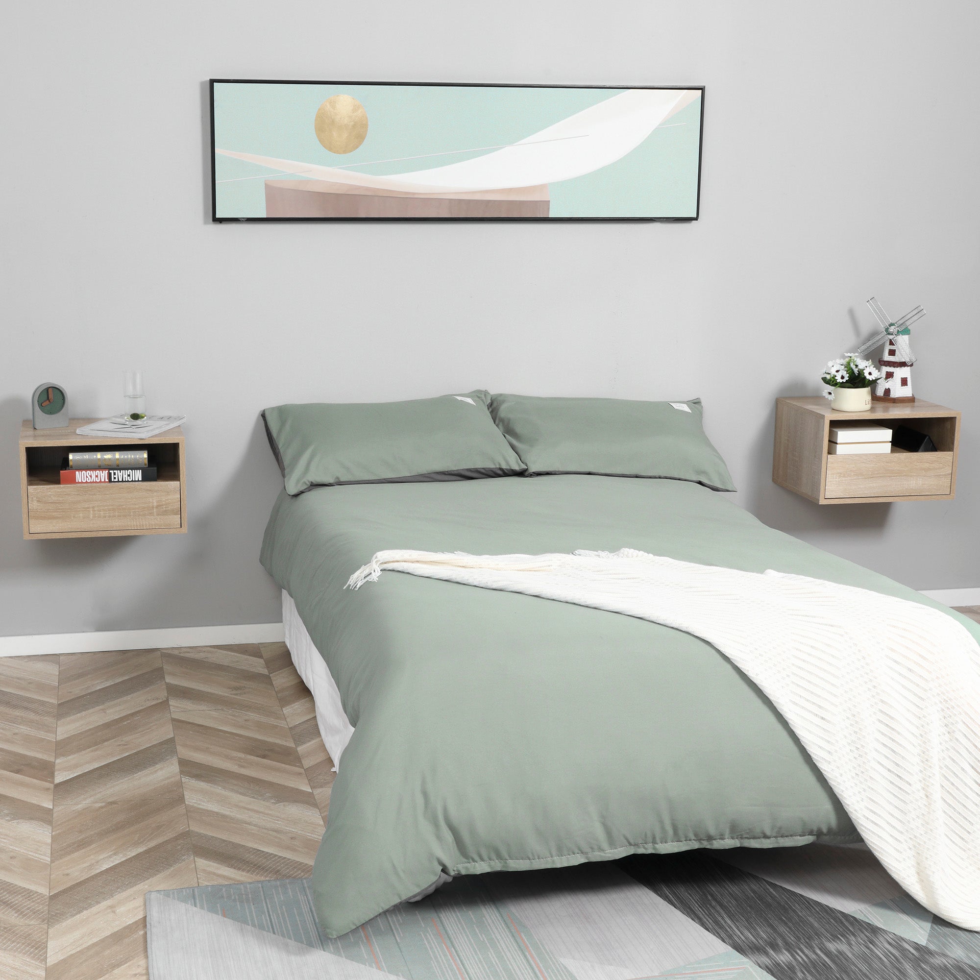 Lot de 2 Tables de Chevet murales - Lot de 2 Tables de Nuit - tiroir Coulissant, Niche, Plateau - Panneaux Particules Aspect chêne Clair