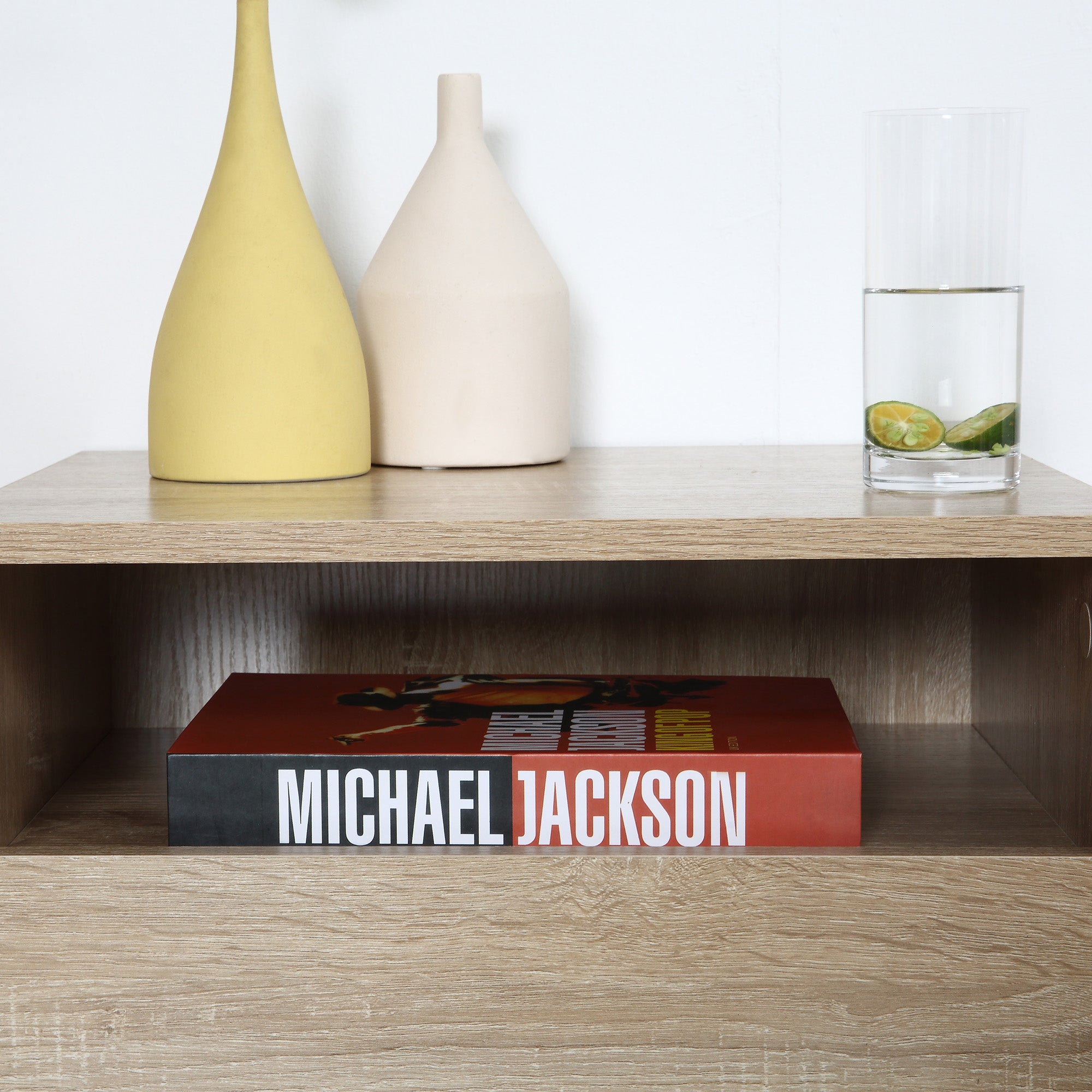 Lot de 2 Tables de Chevet murales - Lot de 2 Tables de Nuit - tiroir Coulissant, Niche, Plateau - Panneaux Particules Aspect chêne Clair