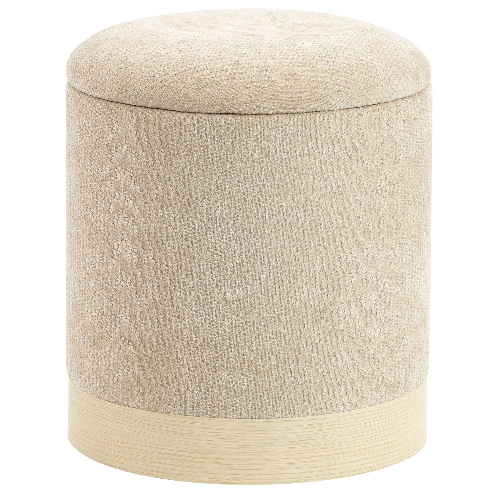 Pouf coffre rangement, tabouret rond en chenille, pouf repose-pieds avec base en métal effet bois, pour la chambre à coucher, entrée, salon, charge 120 Kg, Ø 38 x 45 cm, beige