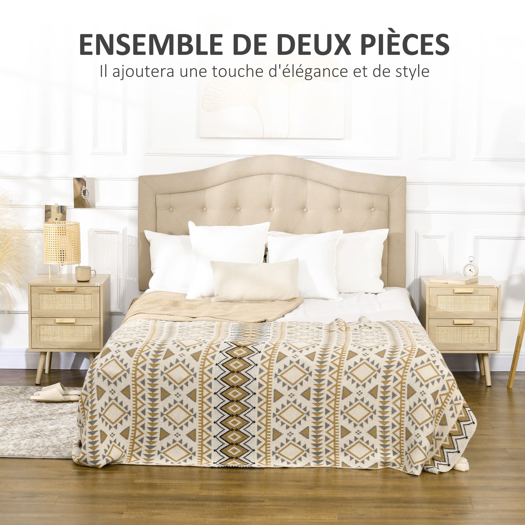 Lot de 2 tables de chevet, tables d'appoint, 2 tiroirs avec façades aspect cannage rotin, style bohème, tables de nuit, pieds en bois de pin, naturel