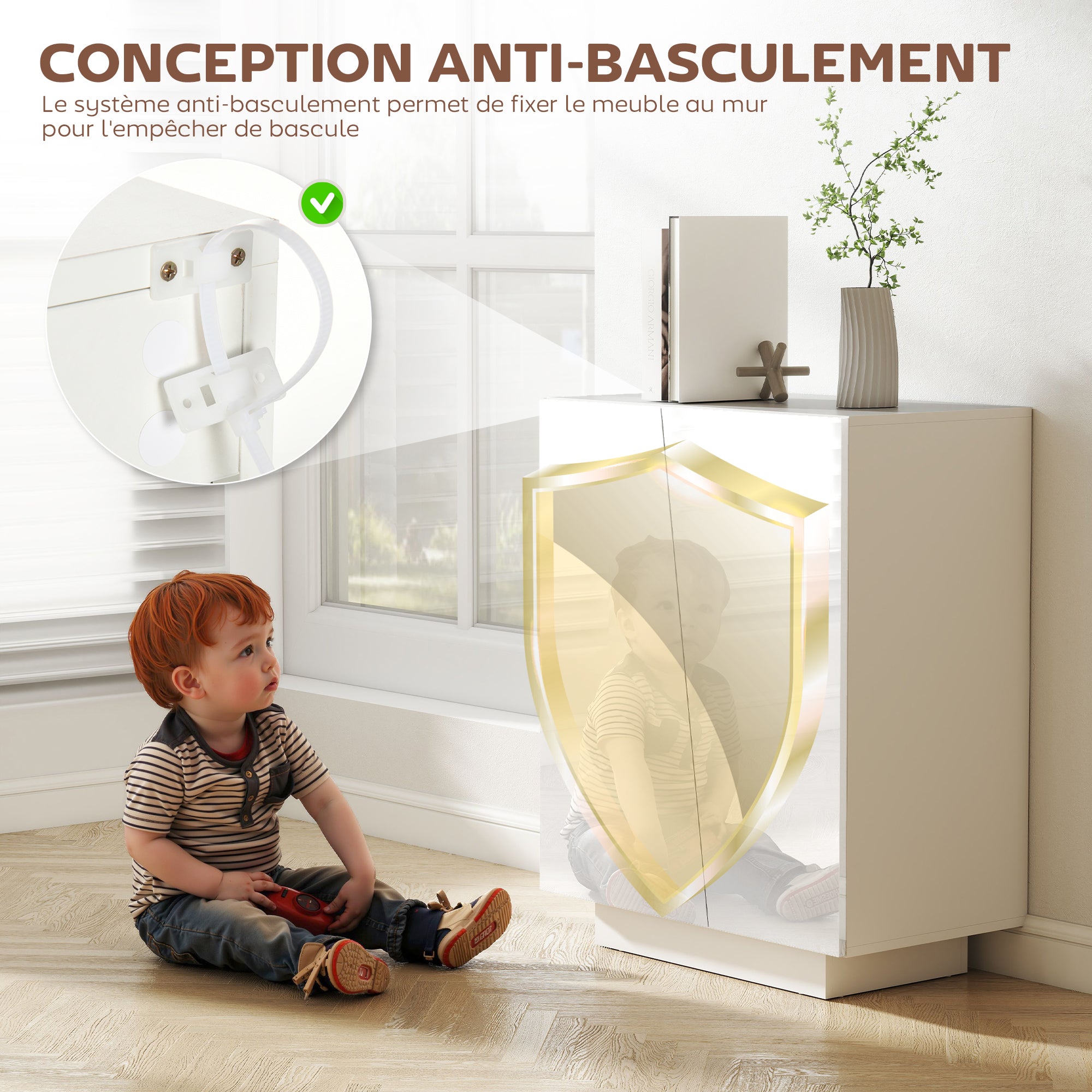 Buffet à haute brillance, meuble de rangement avec placard double porte géométrique et étagère réglable, style moderne, buffet salle à manger, cuisine et salon, 70 x 40 x 88 cm, blanc