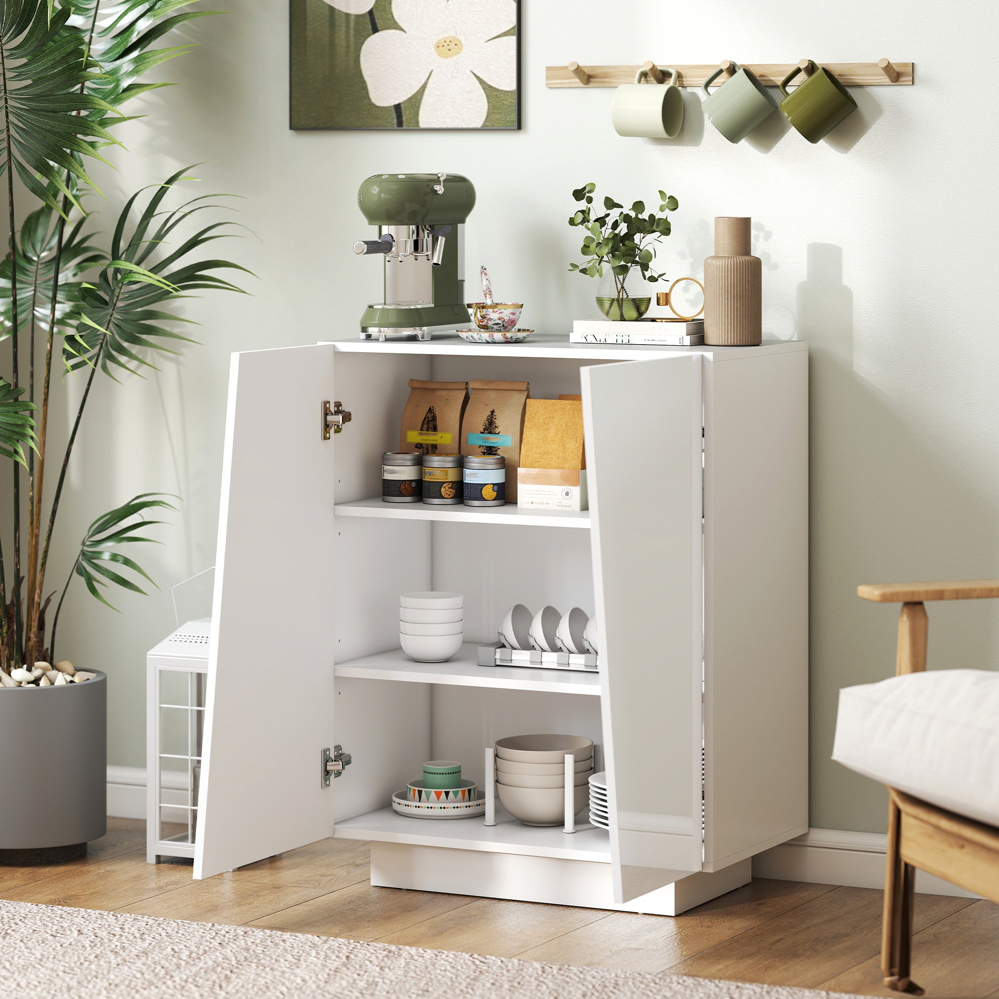 Buffet à haute brillance, meuble de rangement avec placard double porte géométrique et étagère réglable, style moderne, buffet salle à manger, cuisine et salon, 70 x 40 x 88 cm, blanc