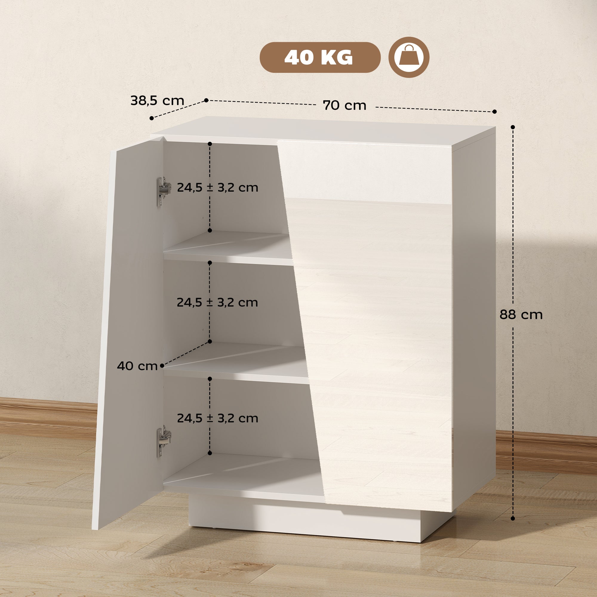 Buffet à haute brillance, meuble de rangement avec placard double porte géométrique et étagère réglable, style moderne, buffet salle à manger, cuisine et salon, 70 x 40 x 88 cm, blanc