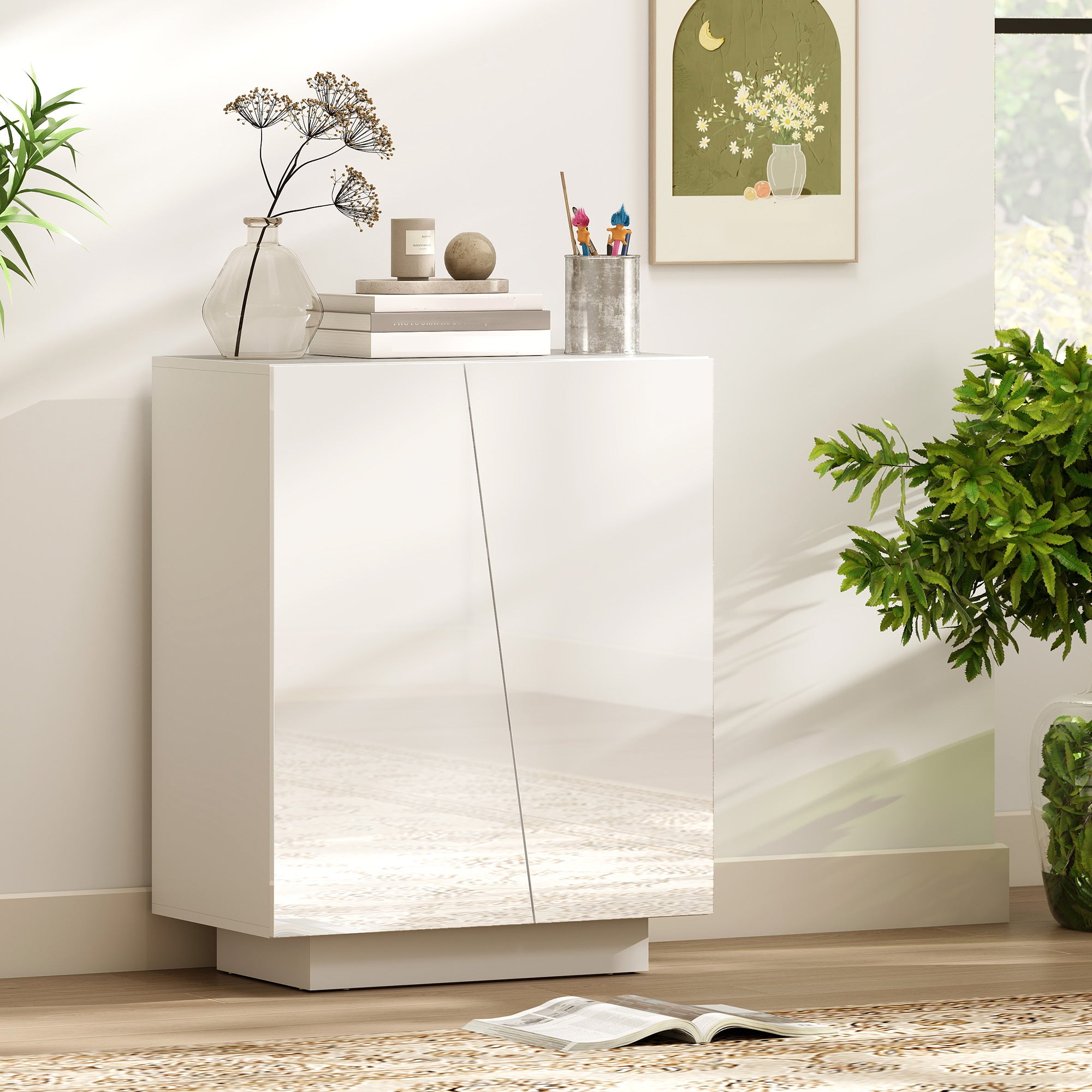 Buffet à haute brillance, meuble de rangement avec placard double porte géométrique et étagère réglable, style moderne, buffet salle à manger, cuisine et salon, 70 x 40 x 88 cm, blanc