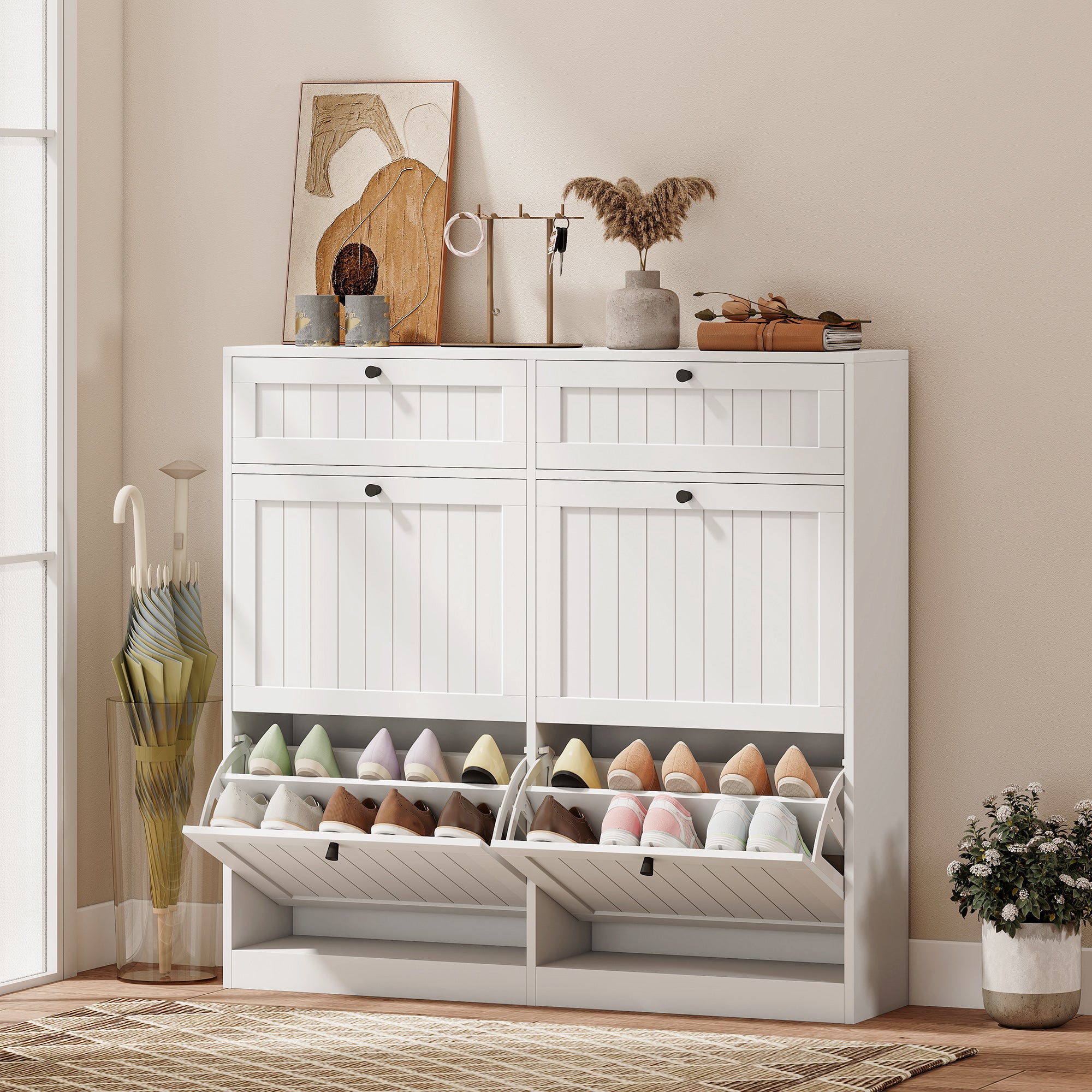 Meuble à chaussures 20 paires, armoire à chaussures étroite avec 4 tiroirs rabattables, 2 compartiments et étagères réglables, style rustique, pour couloir, entrée, 105 x 23,7 x 100 cm, blanc