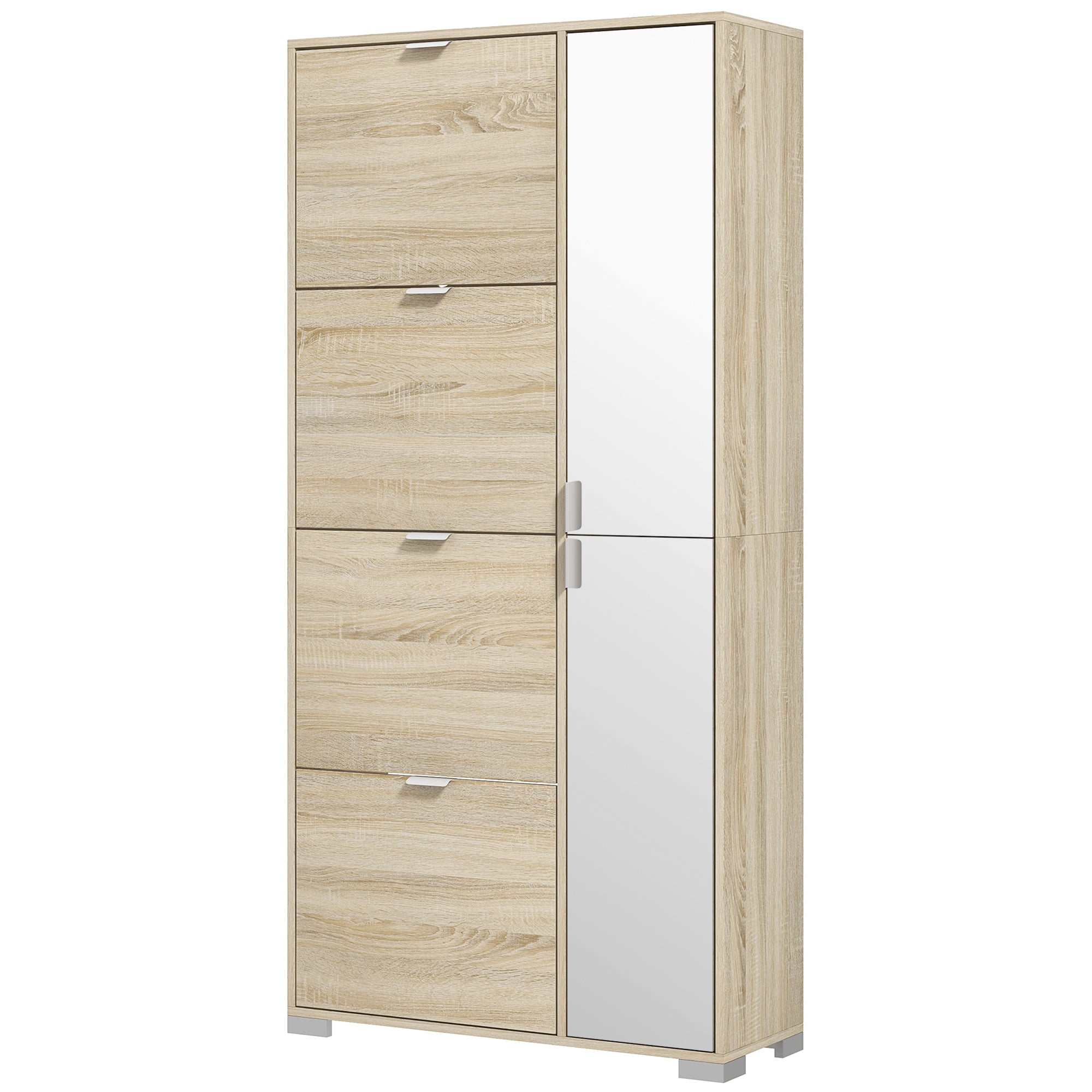 Meuble à chaussures armoire à chaussures avec 4 abattants, 2 placards et façades miroir avec étagères réglables pour 16 paires de chaussures, meuble d'entrée