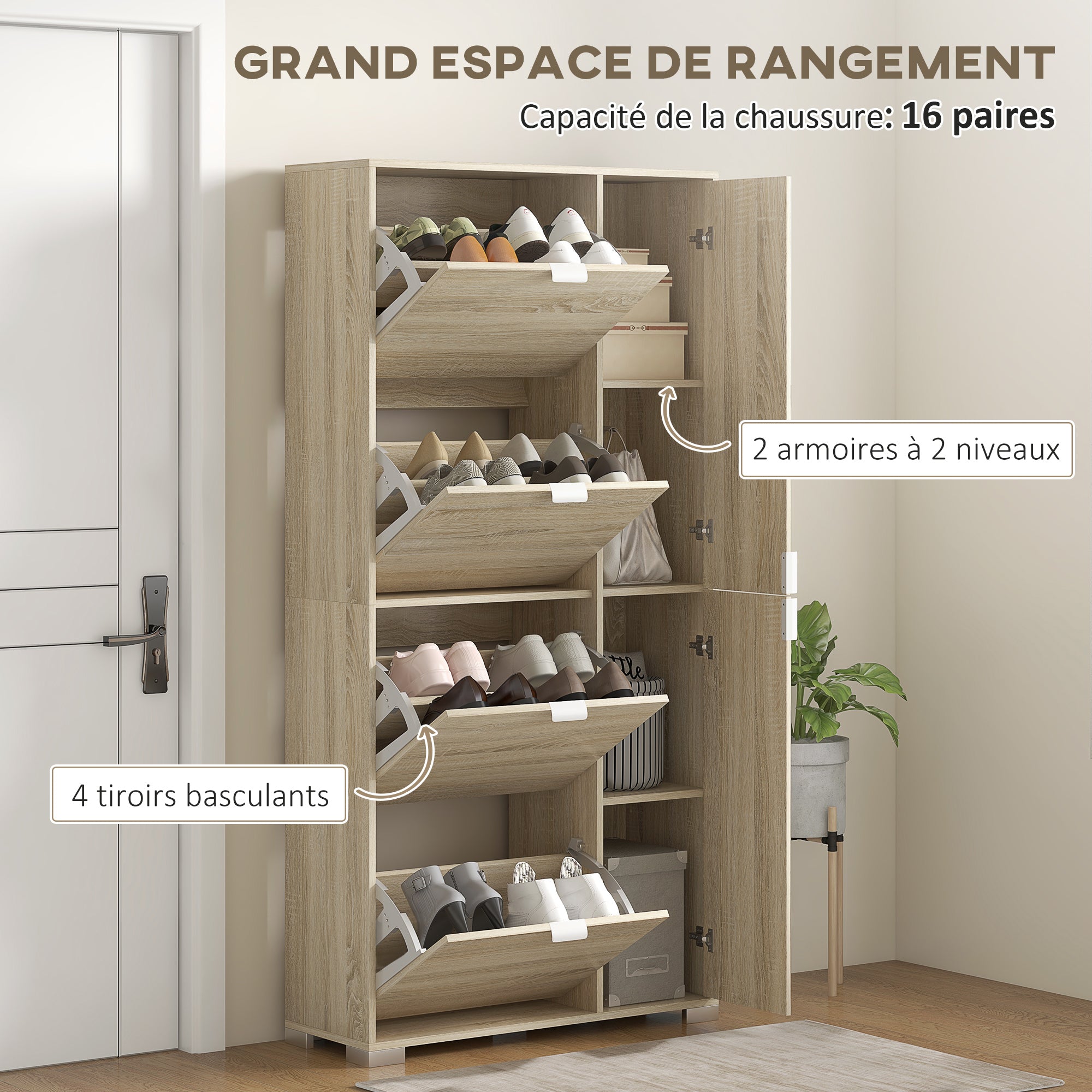 Meuble à chaussures armoire à chaussures avec 4 abattants, 2 placards et façades miroir avec étagères réglables pour 16 paires de chaussures, meuble d'entrée