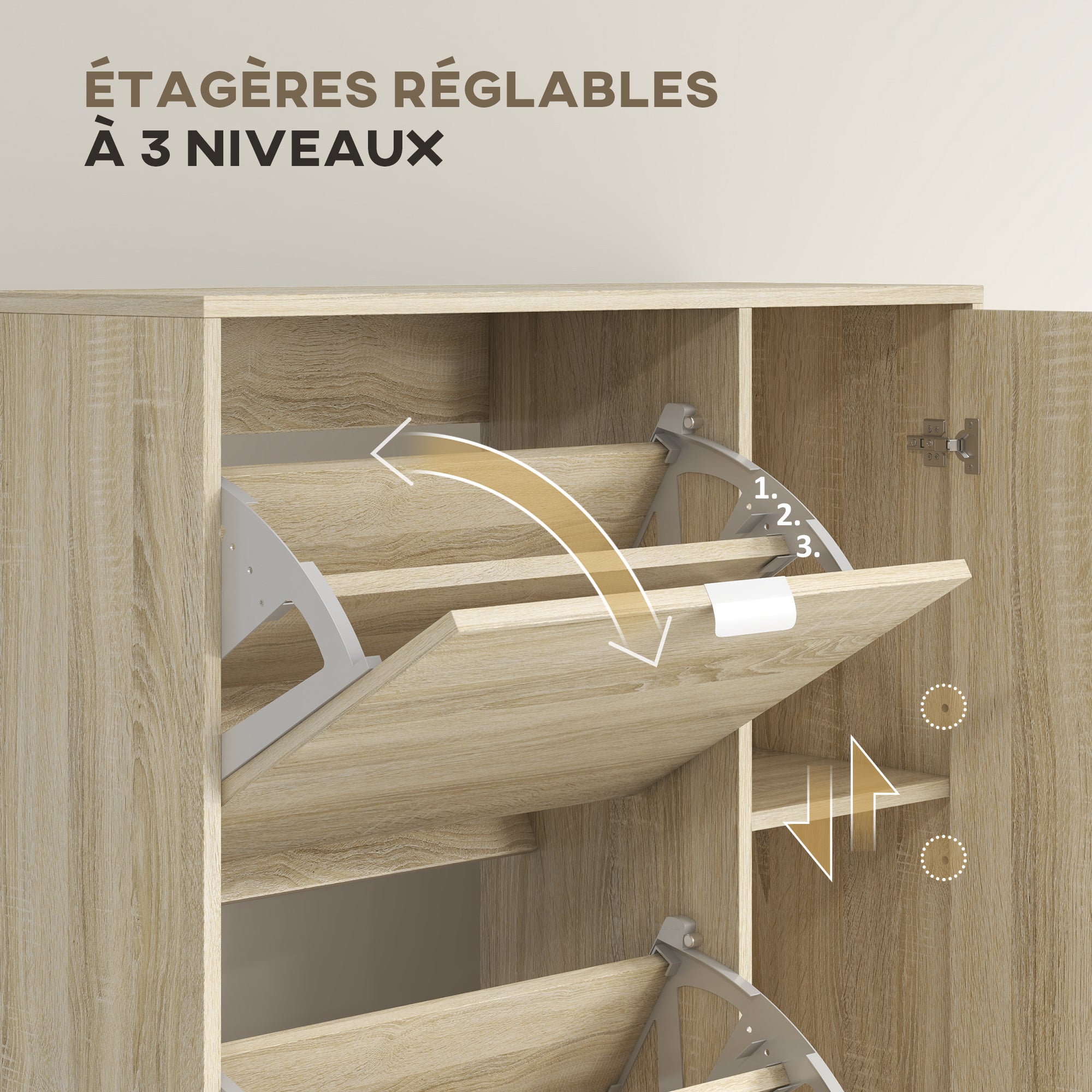 Meuble à chaussures armoire à chaussures avec 4 abattants, 2 placards et façades miroir avec étagères réglables pour 16 paires de chaussures, meuble d'entrée