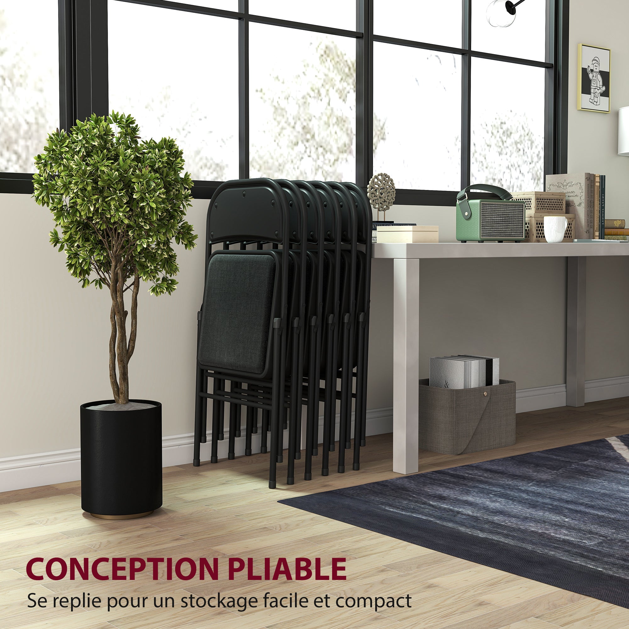 Lot de 6 chaises pliantes chaises de salle à manger portables chaise pliable d'intérieur avec coussin en lin et cadre en acier 45 x 46 x 78 cm noir