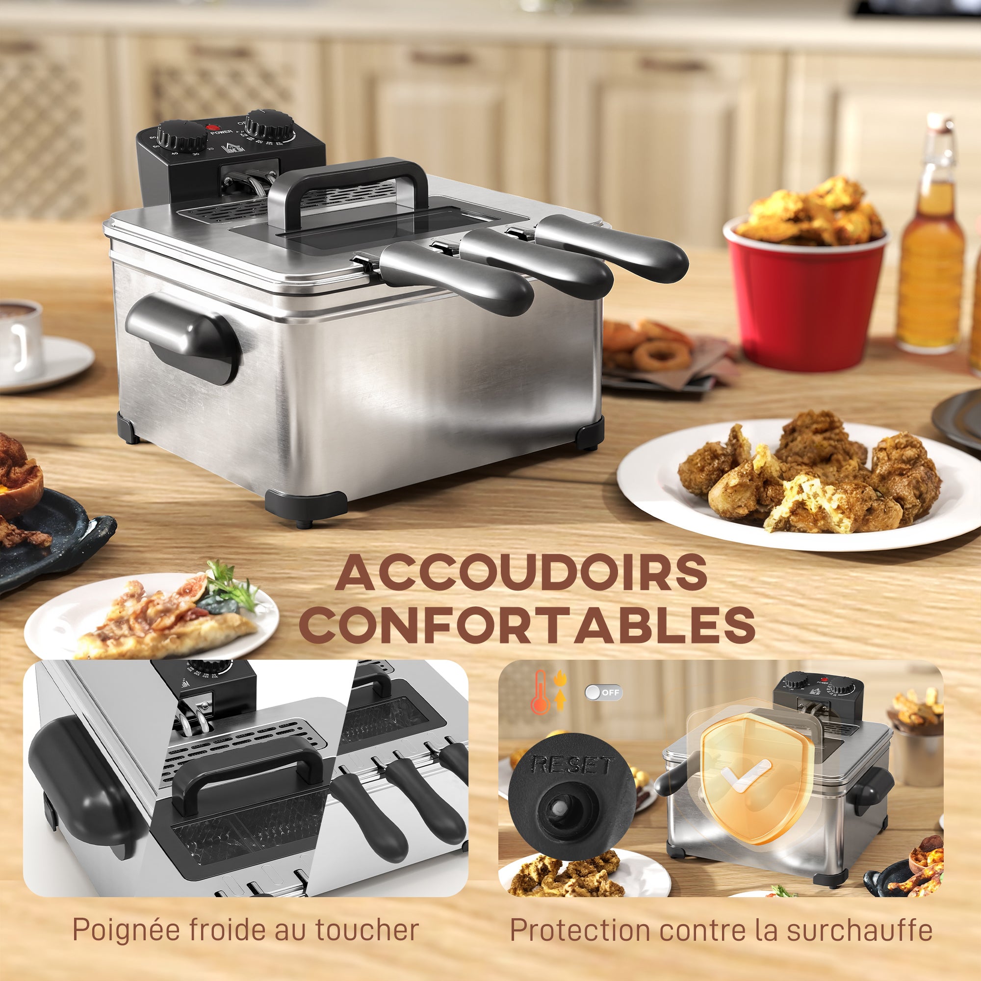 Friteuse 5 litres avec température et minuterie réglables, friteuse en acier inoxydable 2000 W avec panier à huile amovible et fenêtre de visualisation, pour frites et poulet frit