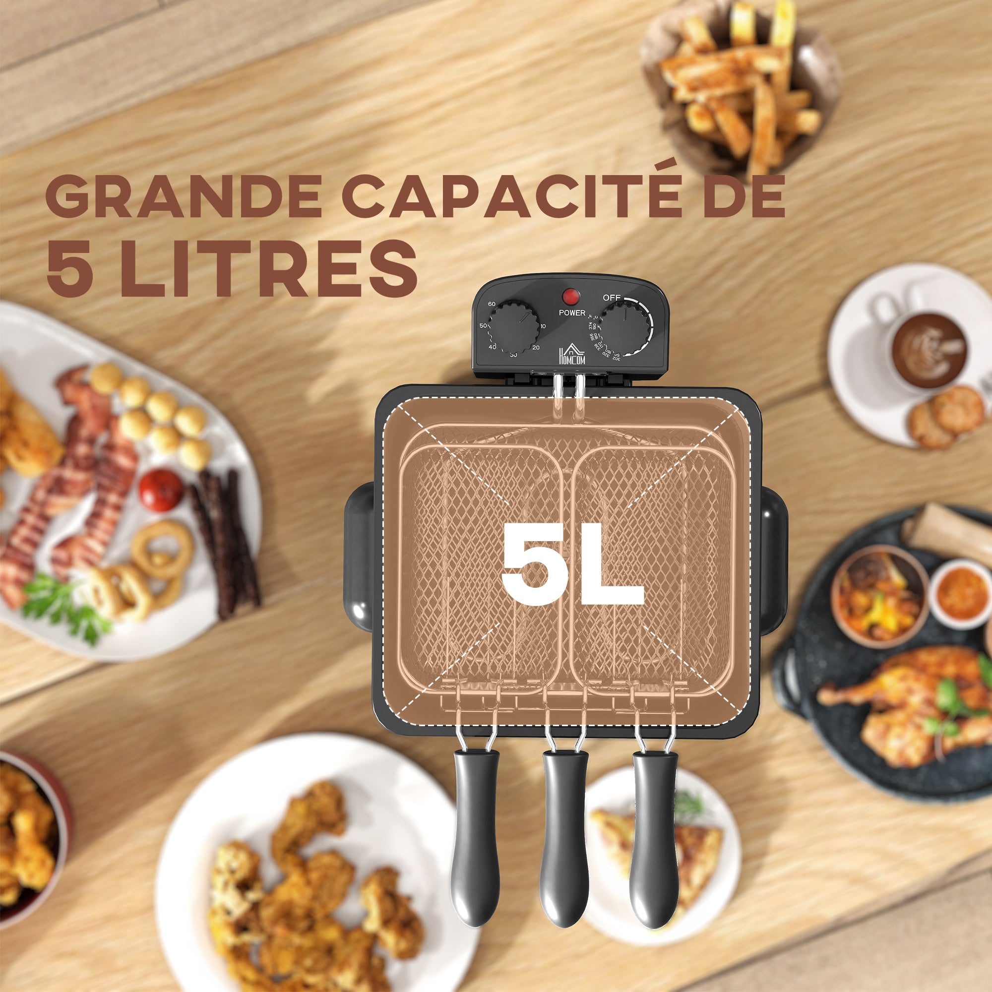 Friteuse 5 litres avec température et minuterie réglables, friteuse en acier inoxydable 2000 W avec panier à huile amovible et fenêtre de visualisation, pour frites et poulet frit