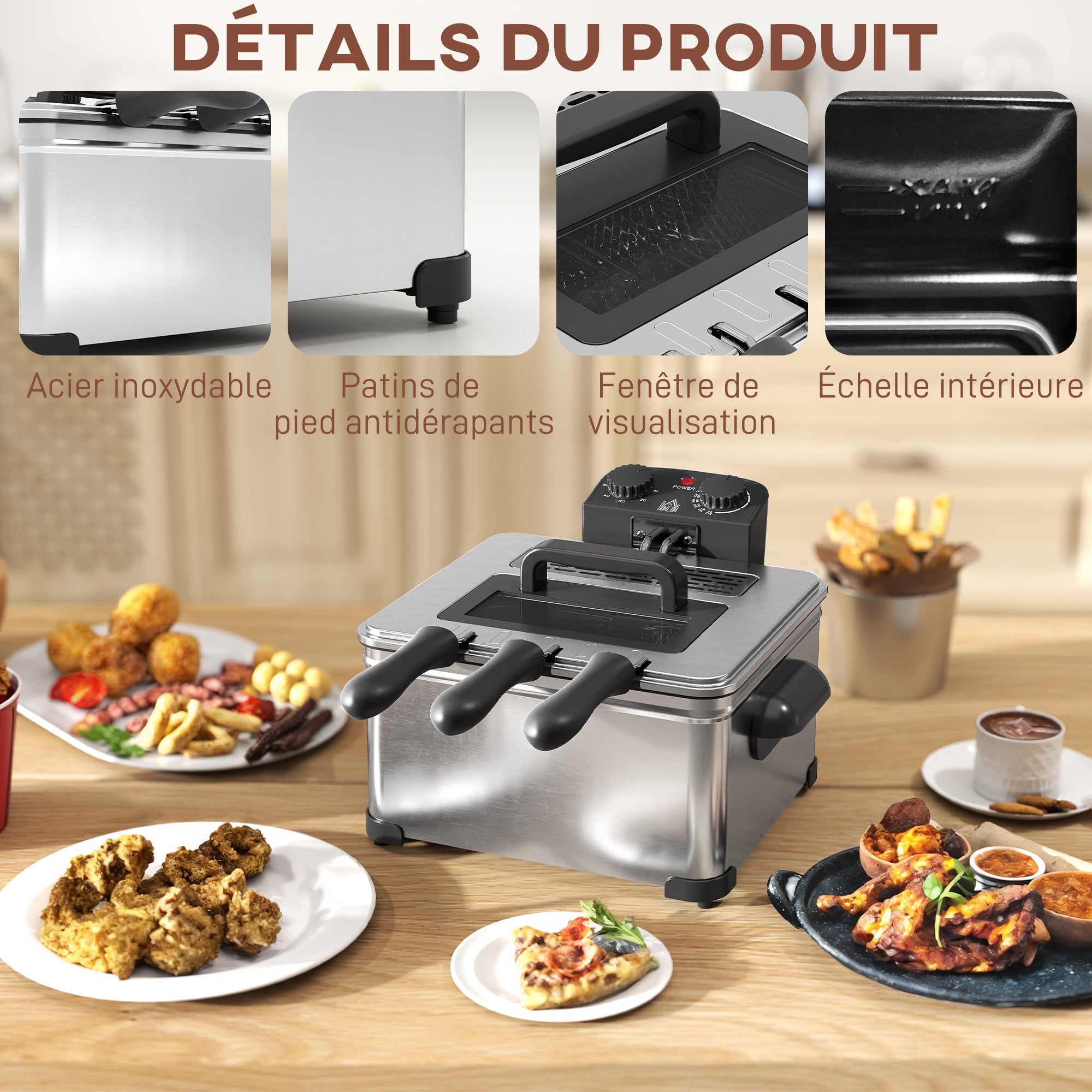 Friteuse 5 litres avec température et minuterie réglables, friteuse en acier inoxydable 2000 W avec panier à huile amovible et fenêtre de visualisation, pour frites et poulet frit
