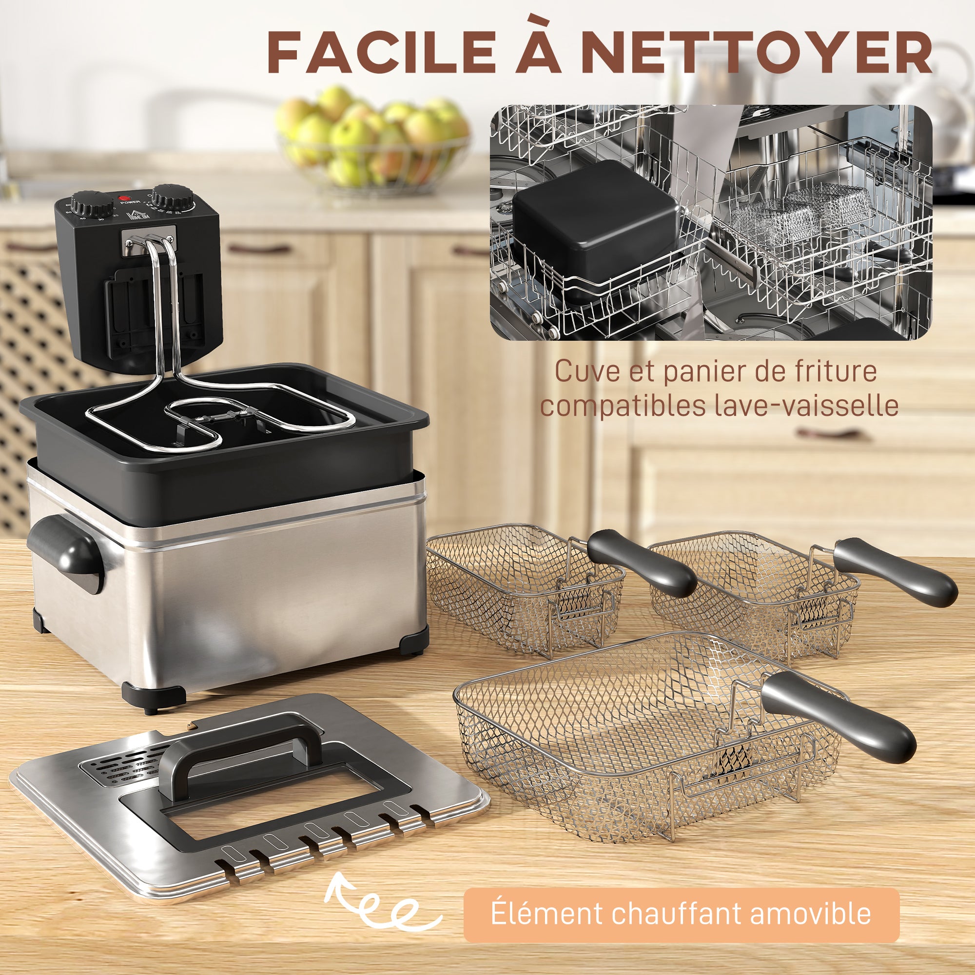 Friteuse 5 litres avec température et minuterie réglables, friteuse en acier inoxydable 2000 W avec panier à huile amovible et fenêtre de visualisation, pour frites et poulet frit