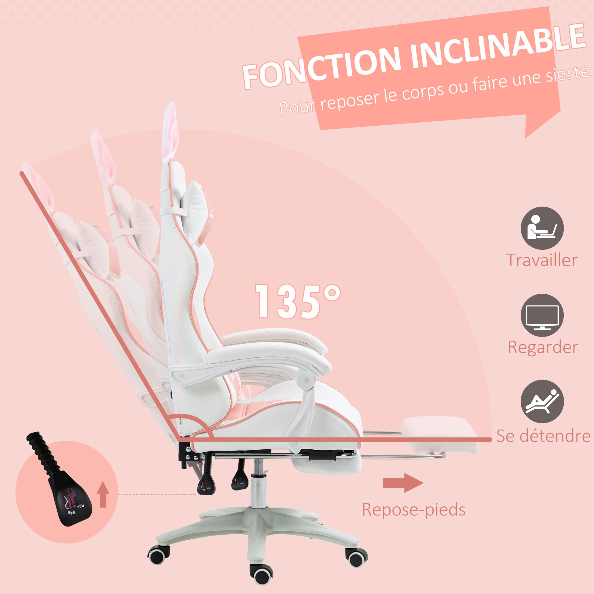 Chaise gaming fauteuil gamer fauteuil de bureau ergonomique avec support lombaire, hauteur réglable, dossier inclinable, repose-pieds, oreilles de lapin et appui-tête, rose