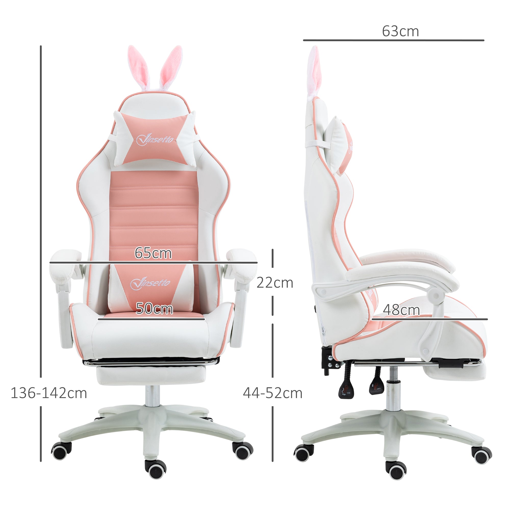 Chaise gaming fauteuil gamer fauteuil de bureau ergonomique avec support lombaire, hauteur réglable, dossier inclinable, repose-pieds, oreilles de lapin et appui-tête, rose