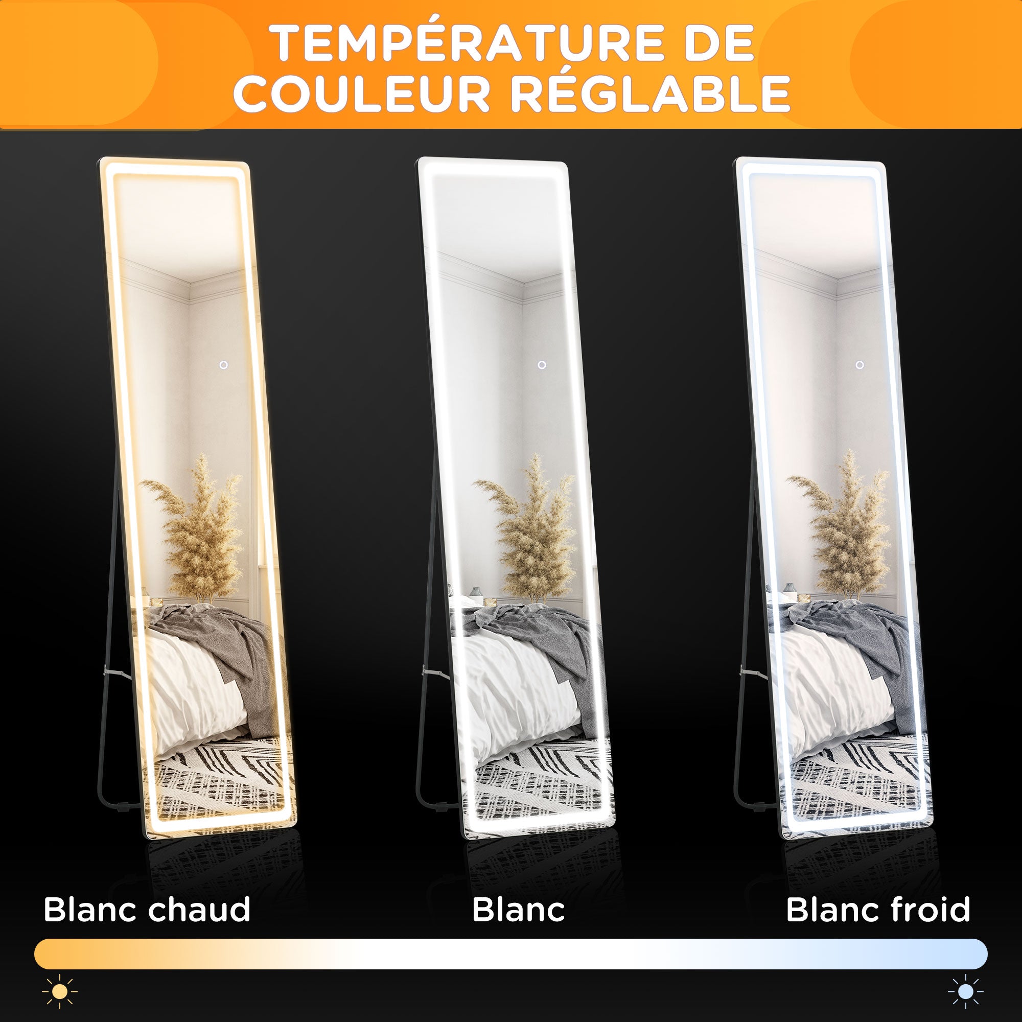 Miroir sur pied rectangulaire miroir mural lumière LED - intensité et couleur réglable avec télécommande - 40 x 37 x 157,5H cm