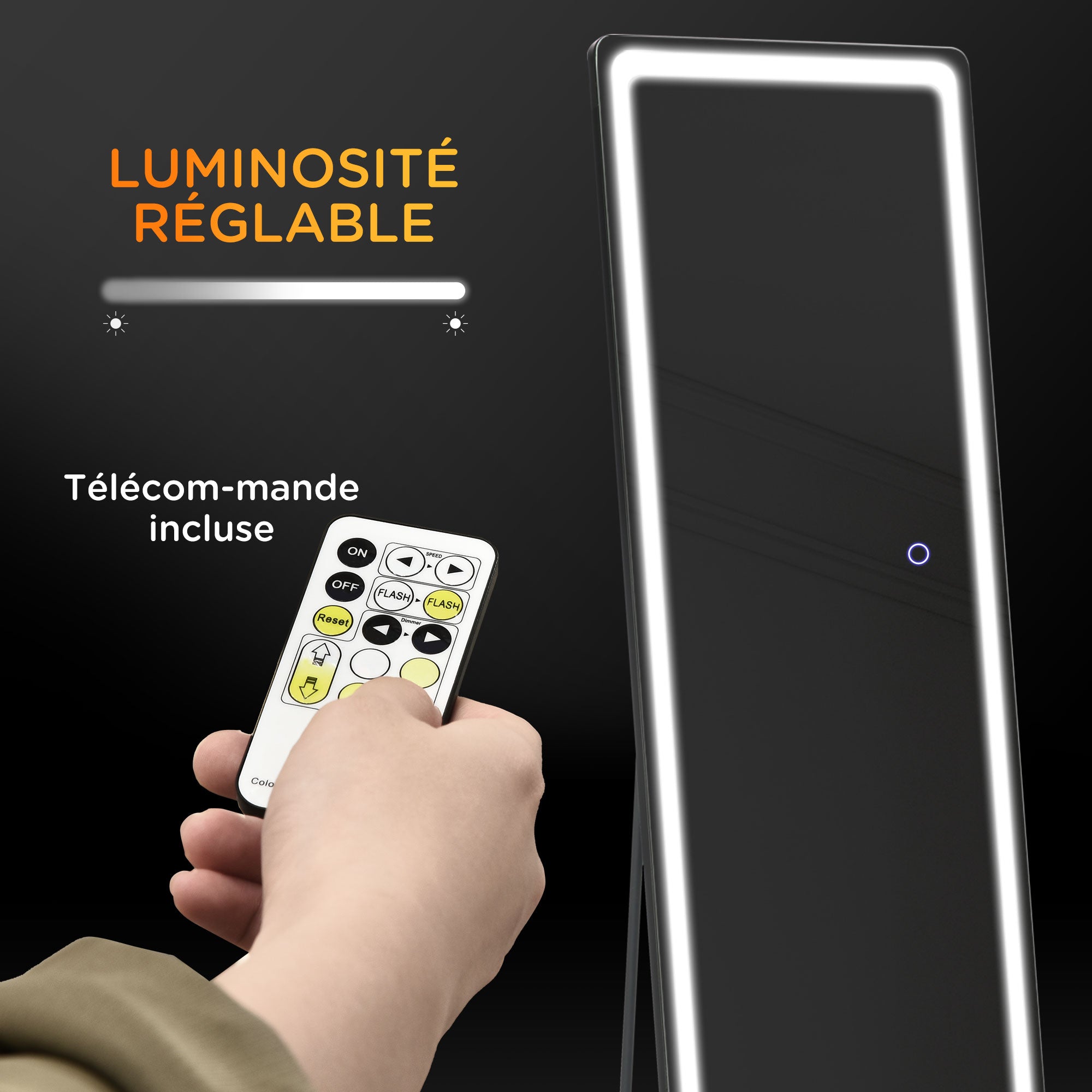 Miroir sur pied rectangulaire miroir mural lumière LED - intensité et couleur réglable avec télécommande - 40 x 37 x 157,5H cm