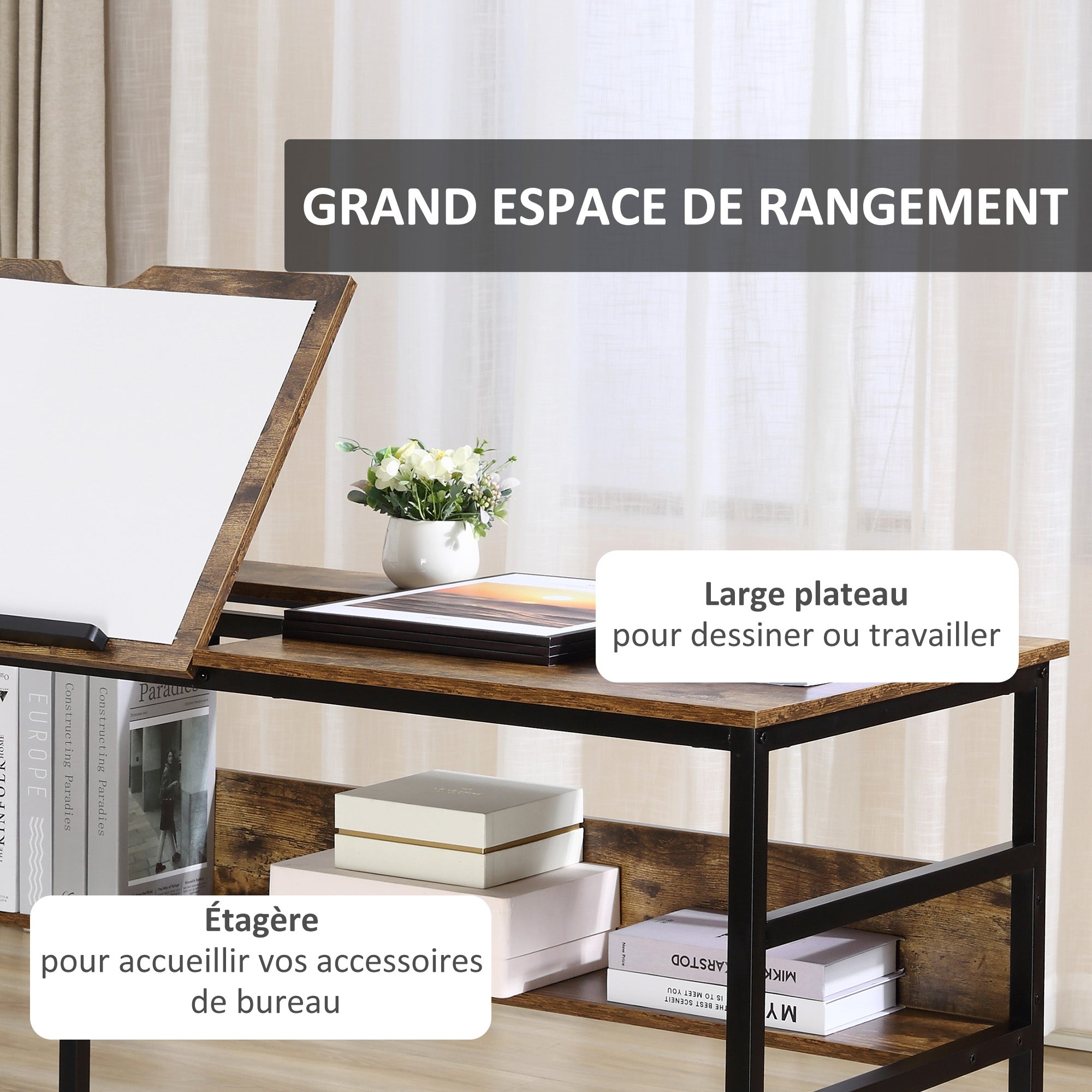 Table à dessin inclinable bureau informatique design industriel - plateau relevable, étagère - panneaux particules aspect vieux bois métal noir