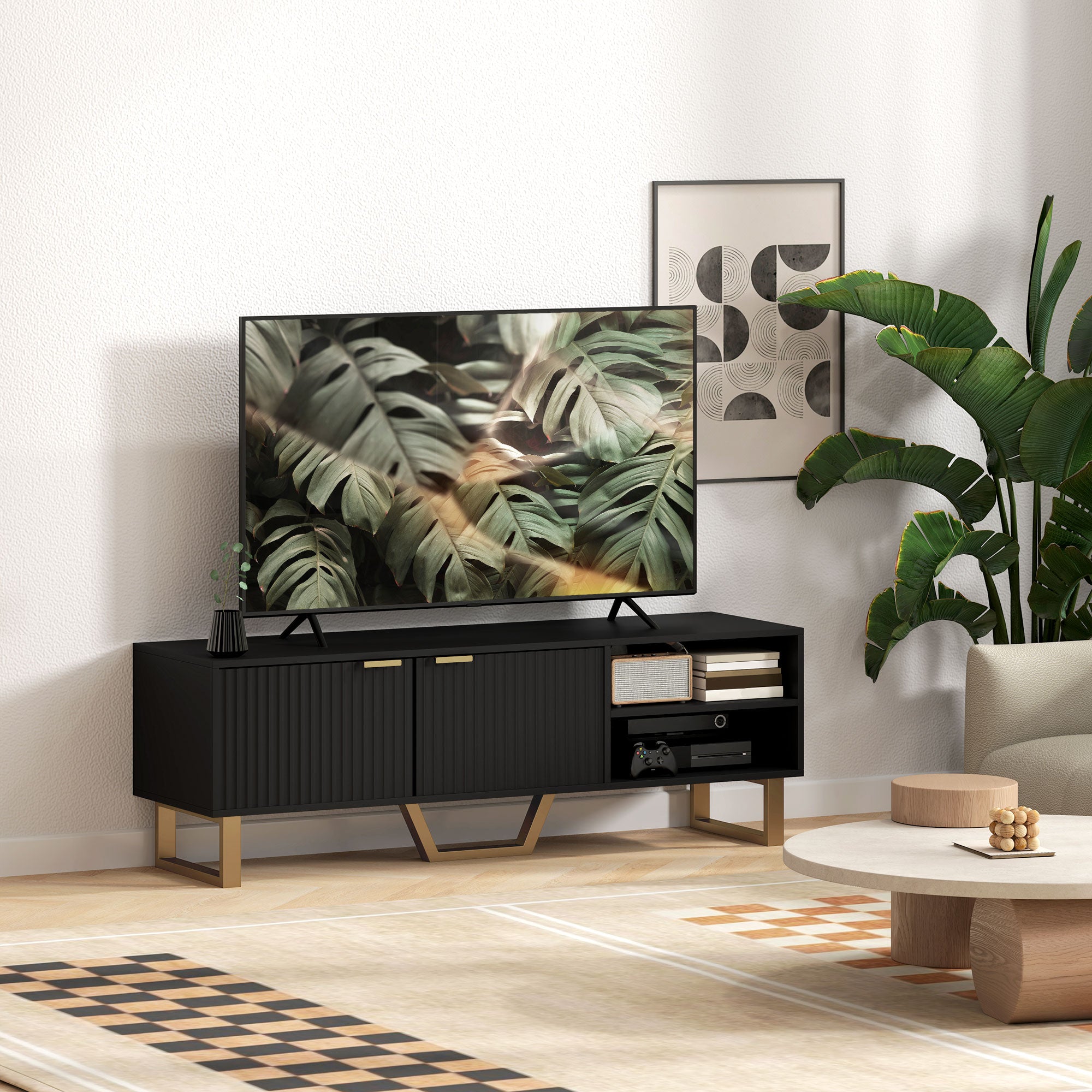 Meuble TV meuble télé bois banc TV pour téléviseur jusqu'à 70 pouces avec placard à 2 portes cannelées, compartiment ouvert et passe-câbles, pour salon chambre à coucher, 140 x 39 x 47 cm, noir