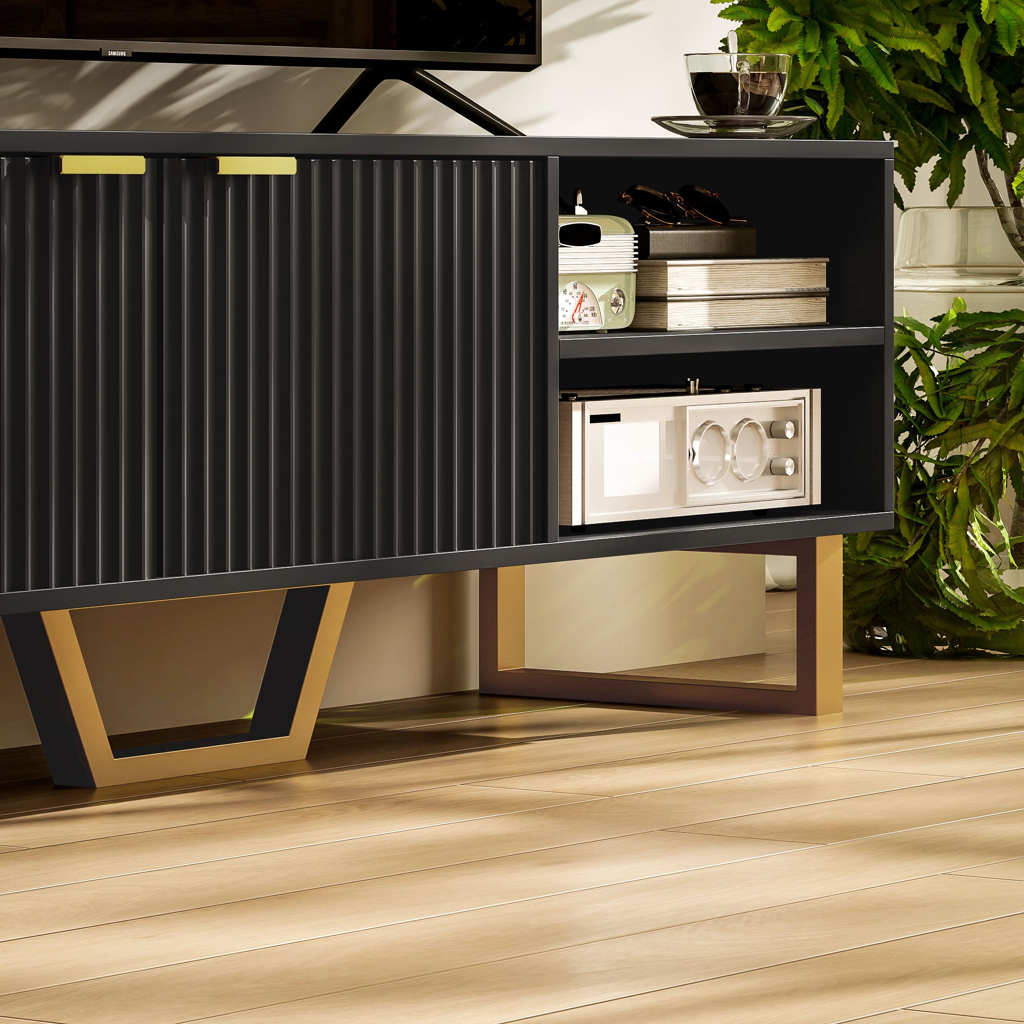 Meuble TV meuble télé bois banc TV pour téléviseur jusqu'à 70 pouces avec placard à 2 portes cannelées, compartiment ouvert et passe-câbles, pour salon chambre à coucher, 140 x 39 x 47 cm, noir