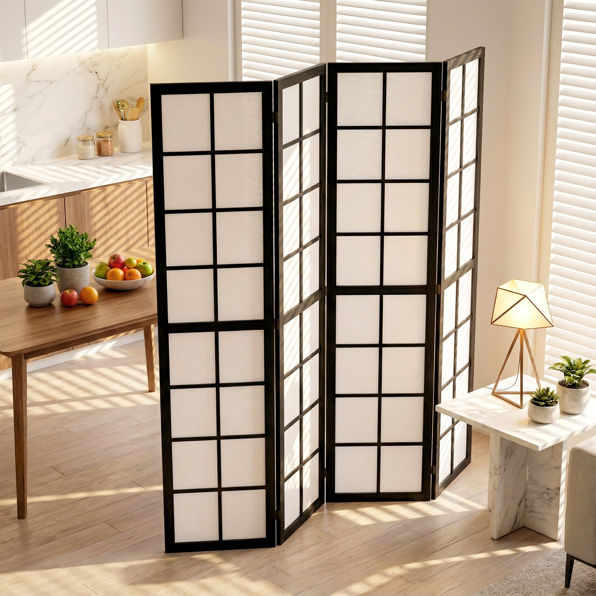 Paravent interieur pliable 4 panneaux 160 x 170 cm séparateur de pièce en bois closion de séparation pour salon chambre à coucher maison, noir