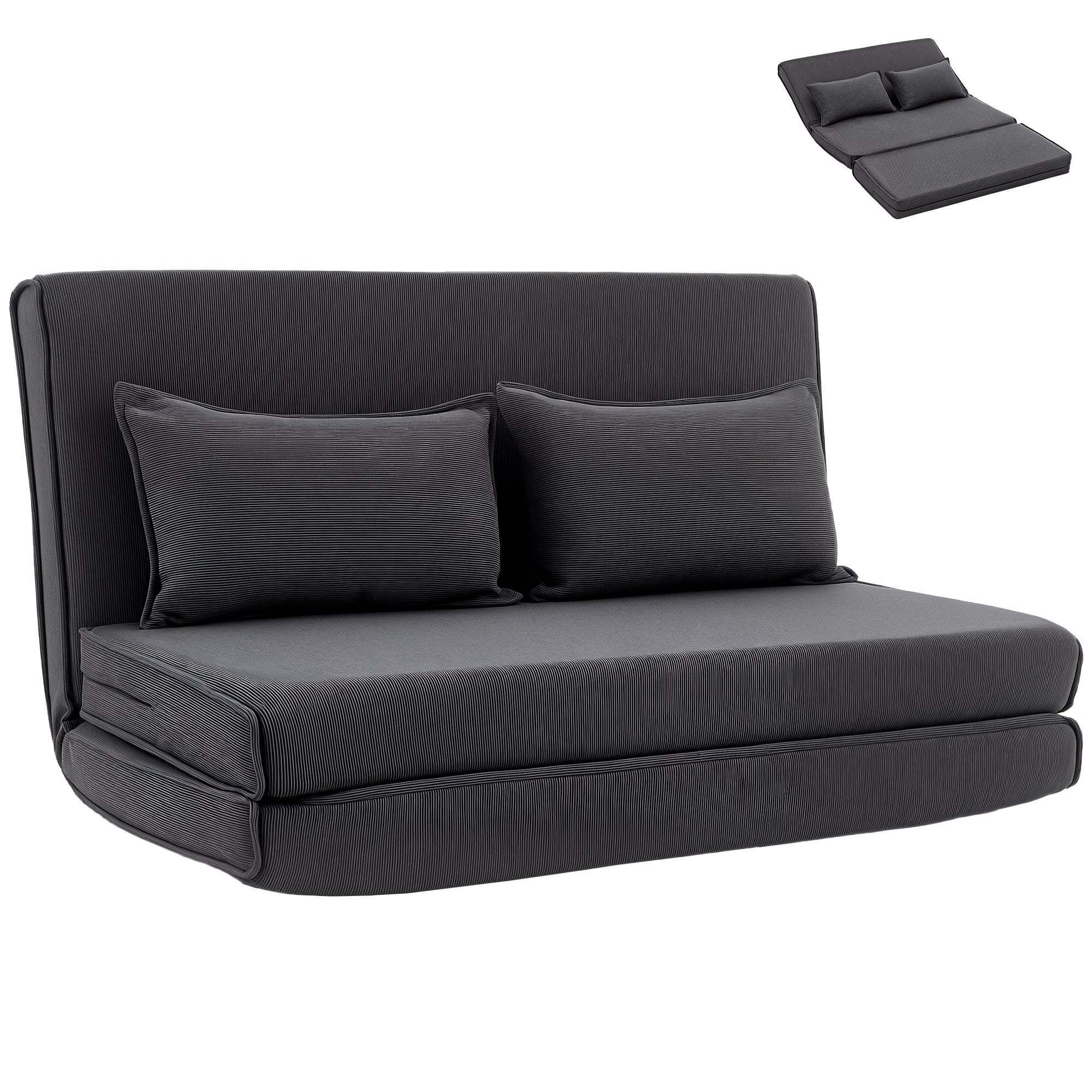 Canapé-Lit Pliant, Chauffeuse 2 Places Convertible Velours Côtelé, Matelas Pliable, Dossier Réglable, Assise Large, Coussin Épais et 2 Oreillers, pour Salon, Chambre et Bureau, Gris Foncé