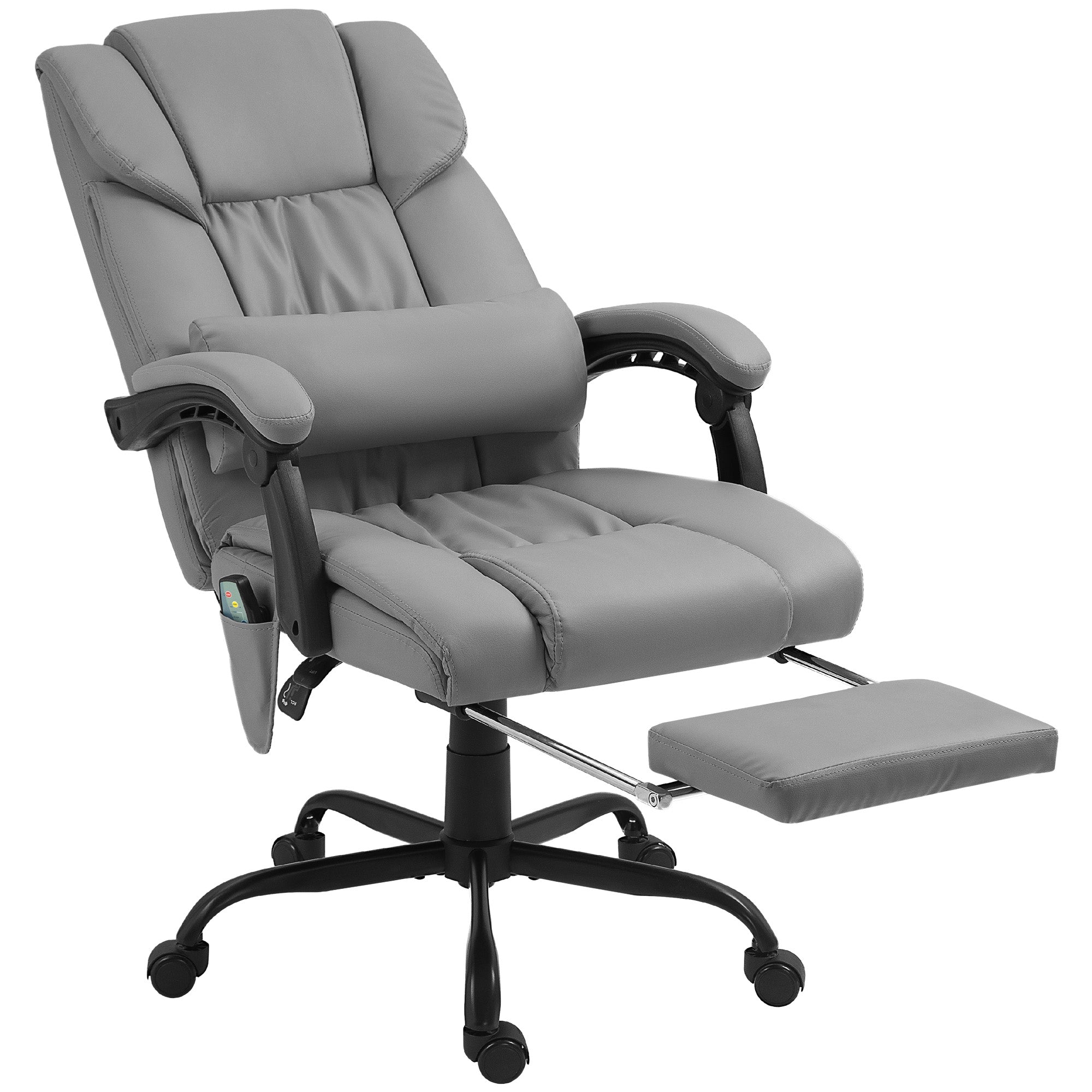 Fauteuil de bureau massant avec repose-pieds, chaise de bureau, chaise ergonomique, hauteur réglable, dossier inclinable et télécommande filaire, tissu en revêtement synthétique gris