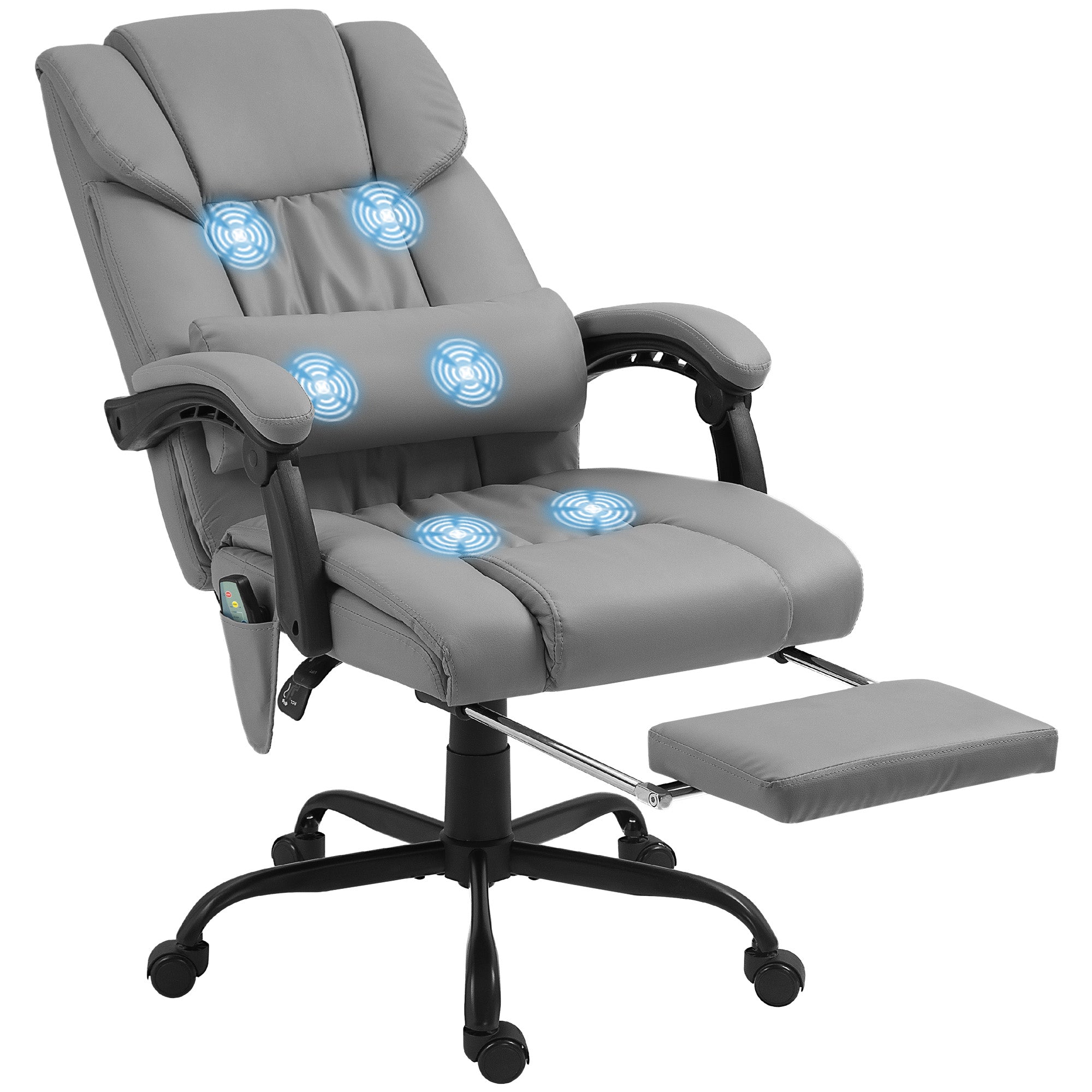 Fauteuil de bureau massant avec repose-pieds, chaise de bureau, chaise ergonomique, hauteur réglable, dossier inclinable et télécommande filaire, tissu en revêtement synthétique gris