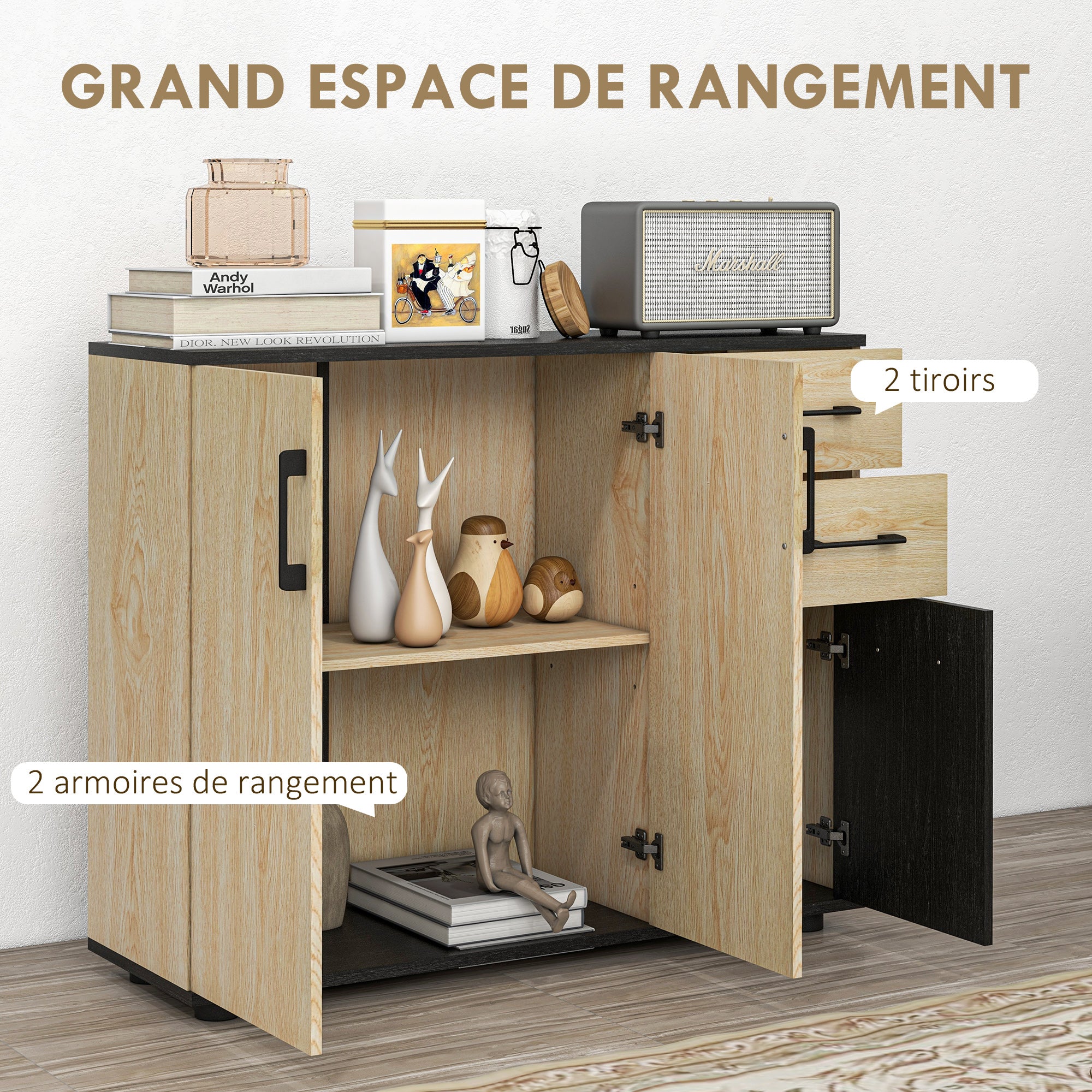 Buffet salon, meuble de rangement avec 3 portes, 2 tiroirs et étagère réglable, style moderne, buffet salle à manger, cuisine et salon, 90 x 30 x 75,5 cm, noir et bois naturel