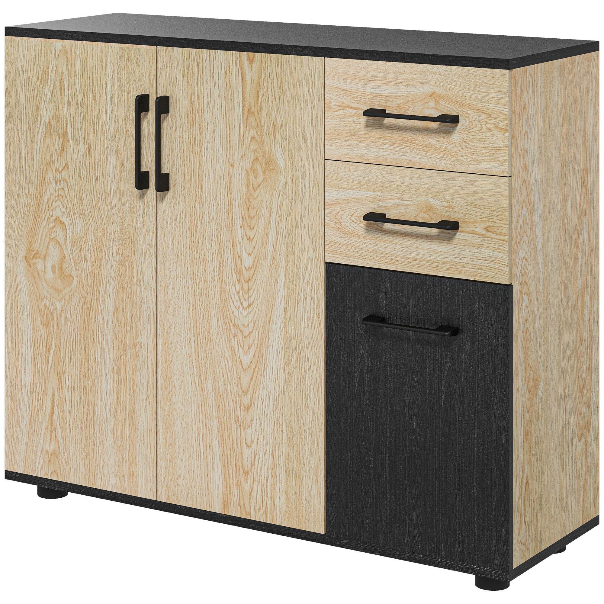 Buffet salon, meuble de rangement avec 3 portes, 2 tiroirs et étagère réglable, style moderne, buffet salle à manger, cuisine et salon, 90 x 30 x 75,5 cm, noir et bois naturel