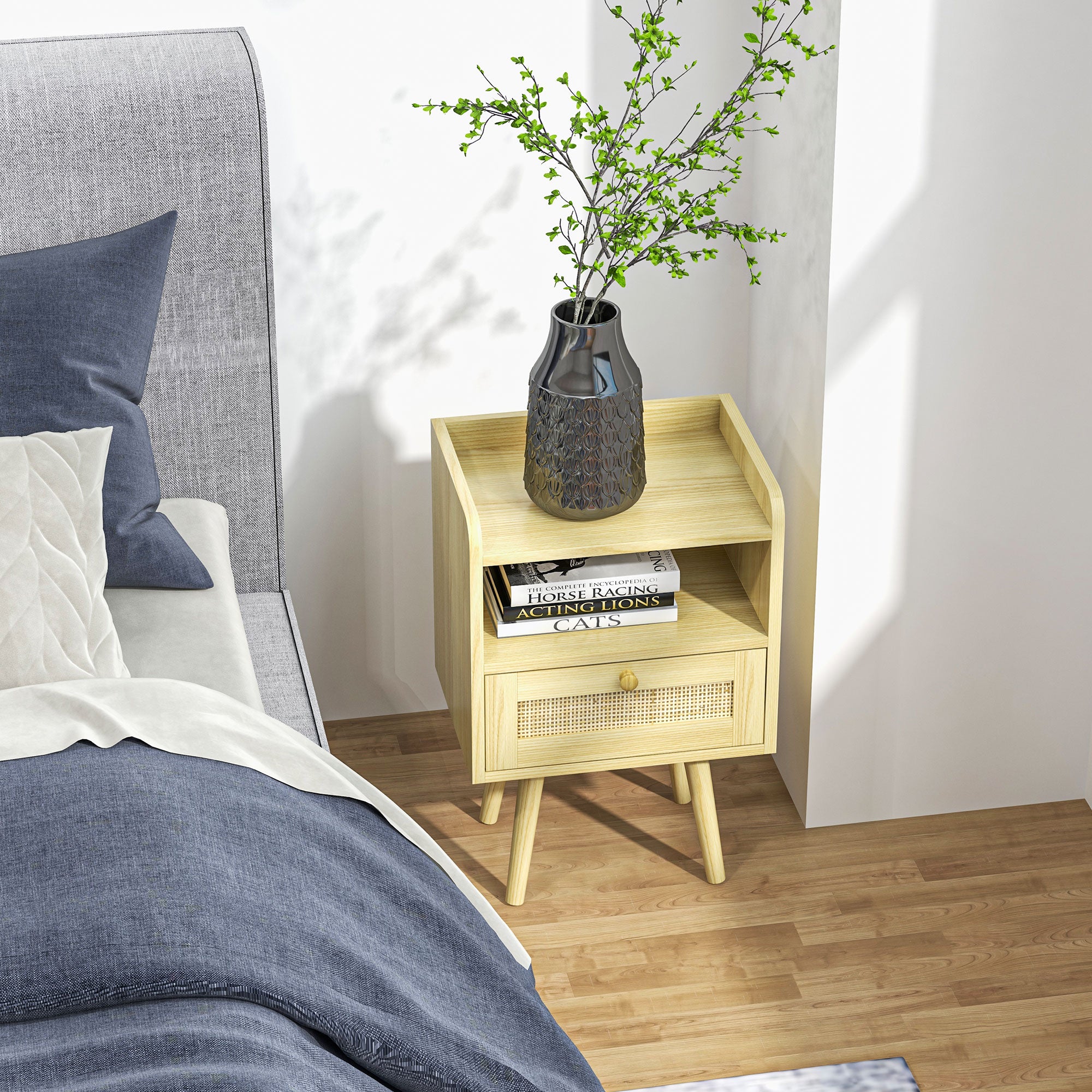 Lot de 2 tables de chevet table de nuit avec tiroir effet rotin et compartiment ouvert, chevet de lit pour chambre à coucher, salon, 40 x 30 x 60 cm, effet bois naturel